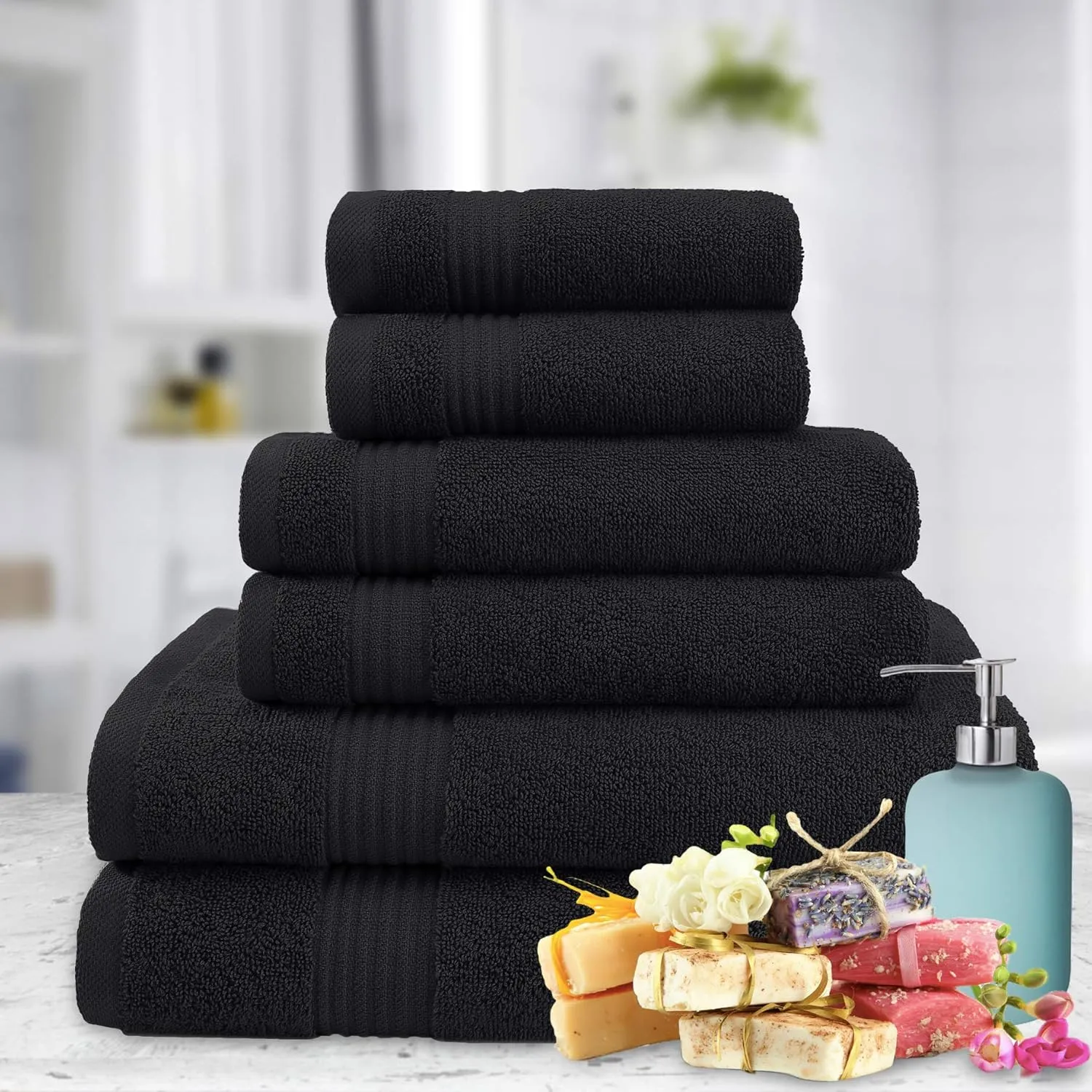 6 Piece Towel Set for Bathroom Clearance Prime, 100% Cotton Turkish Bathroom Towels, 2 Bath Towels 2 Hand Towels 2 Washcloths, Black