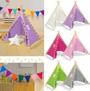 6 Set Kids Teepee Tent, Kids Play Tent with String Lights Banner Foldable Washable Toddler Indoor Outdoor Playhouse Large Teepee for Boys Girl Indoor Outdoor(71 Inch,Classic Color)