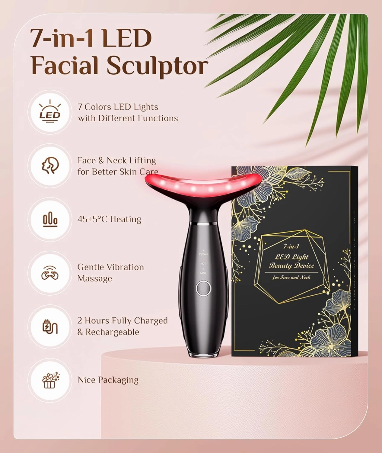 7 Color Galvanic Machines - Red Light Therapy for Face and Neck, Face Massager Tool for Wrinkles, Double Chin, Vibrating Facial Massager with Thermals, Black