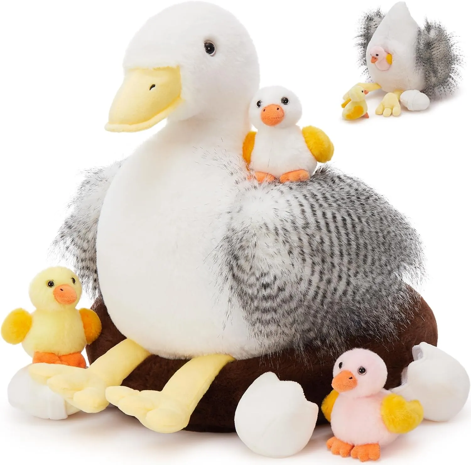 8Pcs Goose Stuffed Animals, Stuffed Big White Goose Plush Toy with 3 Babis & 3 Eggs & 1 Nest, Goose Plush Set for Kids Girls Boys, Farm Animal Gift for Christmas Easter
