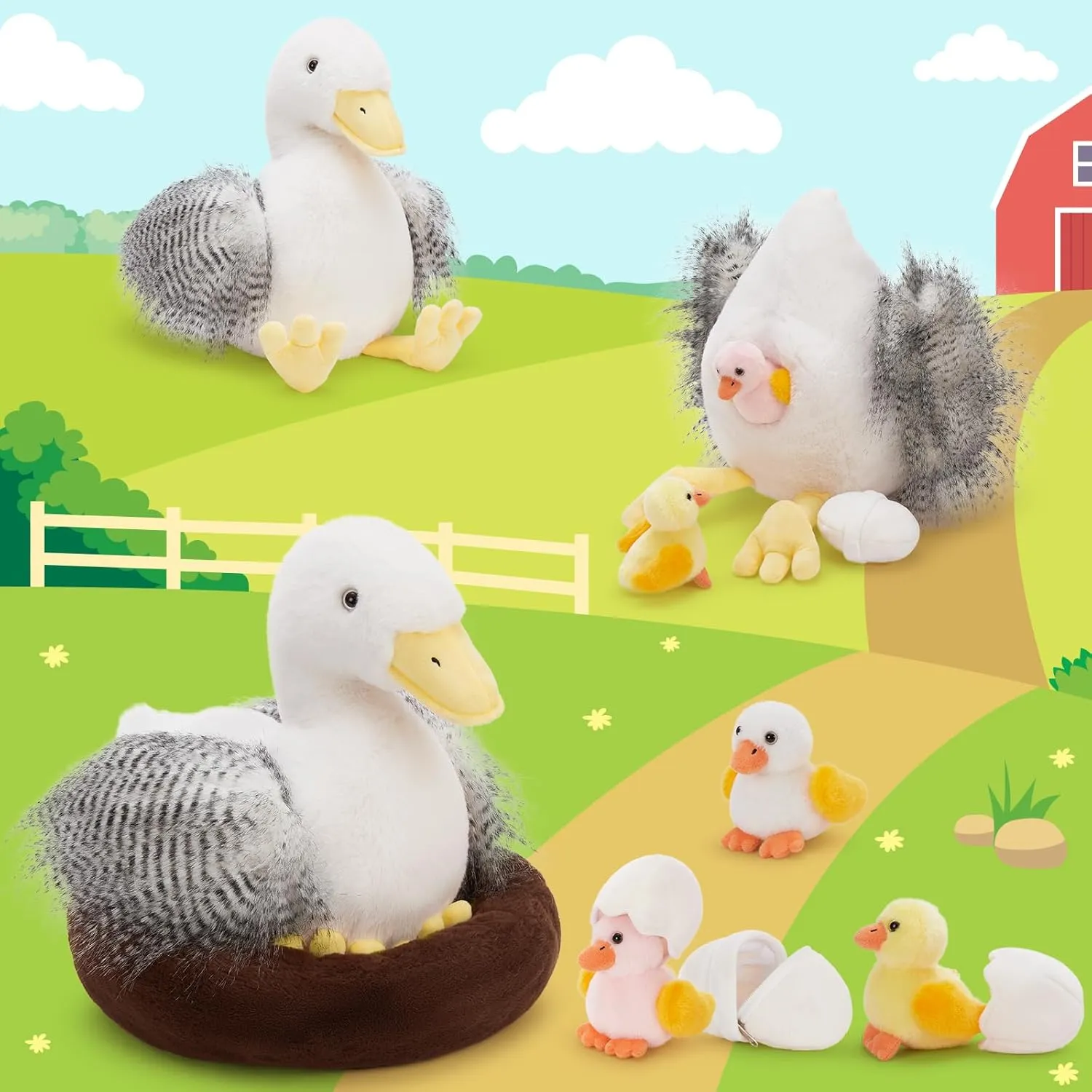 8Pcs Goose Stuffed Animals, Stuffed Big White Goose Plush Toy with 3 Babis & 3 Eggs & 1 Nest, Goose Plush Set for Kids Girls Boys, Farm Animal Gift for Christmas Easter