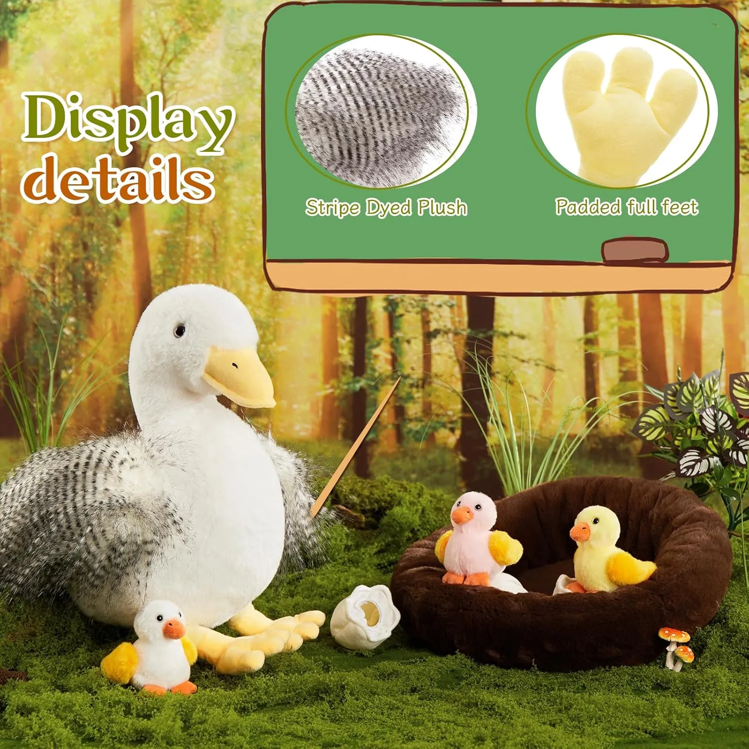 8Pcs Goose Stuffed Animals, Stuffed Big White Goose Plush Toy with 3 Babis & 3 Eggs & 1 Nest, Goose Plush Set for Kids Girls Boys, Farm Animal Gift for Christmas Easter