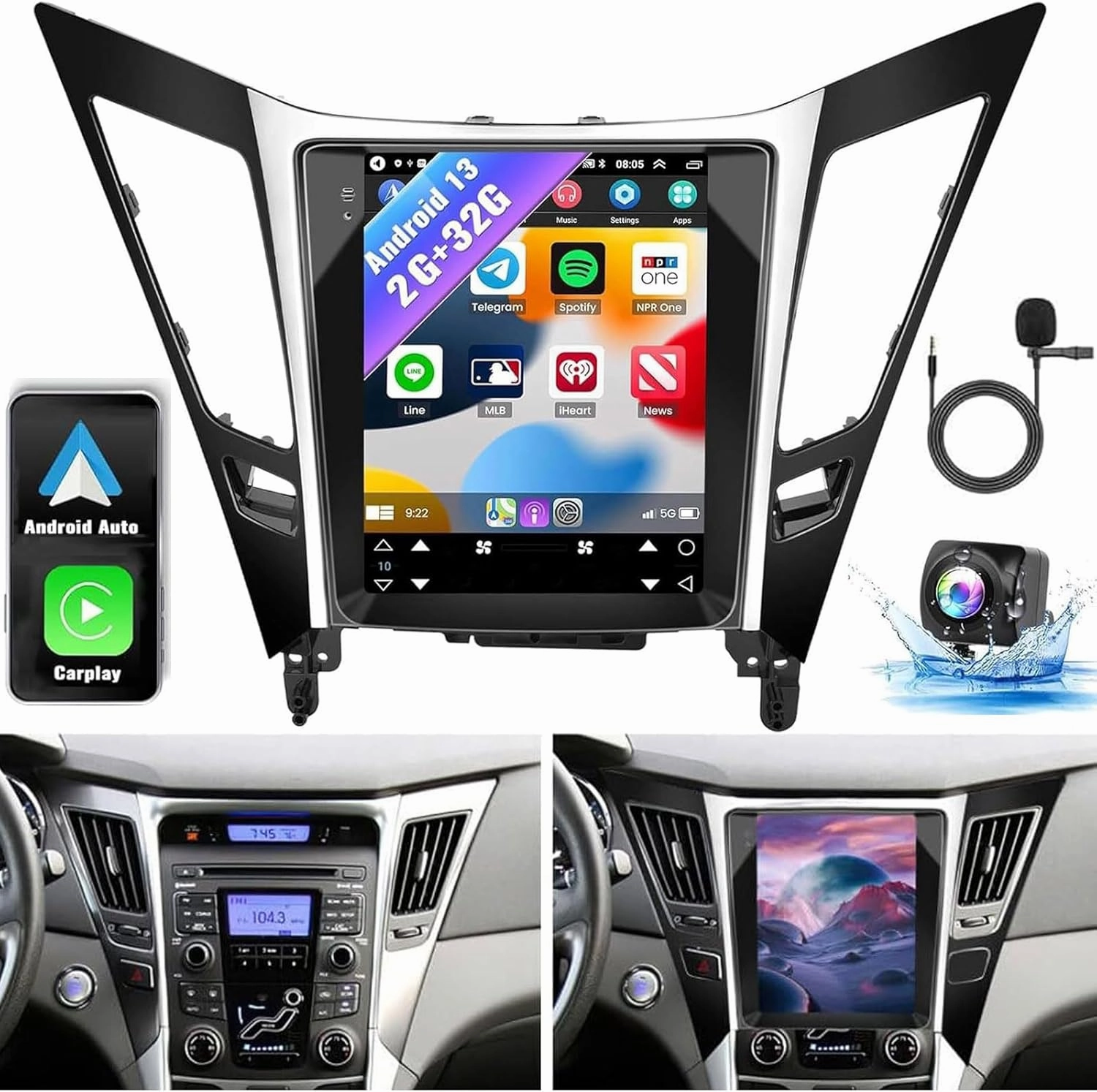 9.7" Android 13 Double Din Car Stereo with Wireless Carplay Android Auto for Hyundai Sonata 2011-2015 IPS Car Audio Receiver w/WiFi GPS Bluetooth AHD Backup Camera Mic,SWC/AV in/FM/AM Radio Receiver