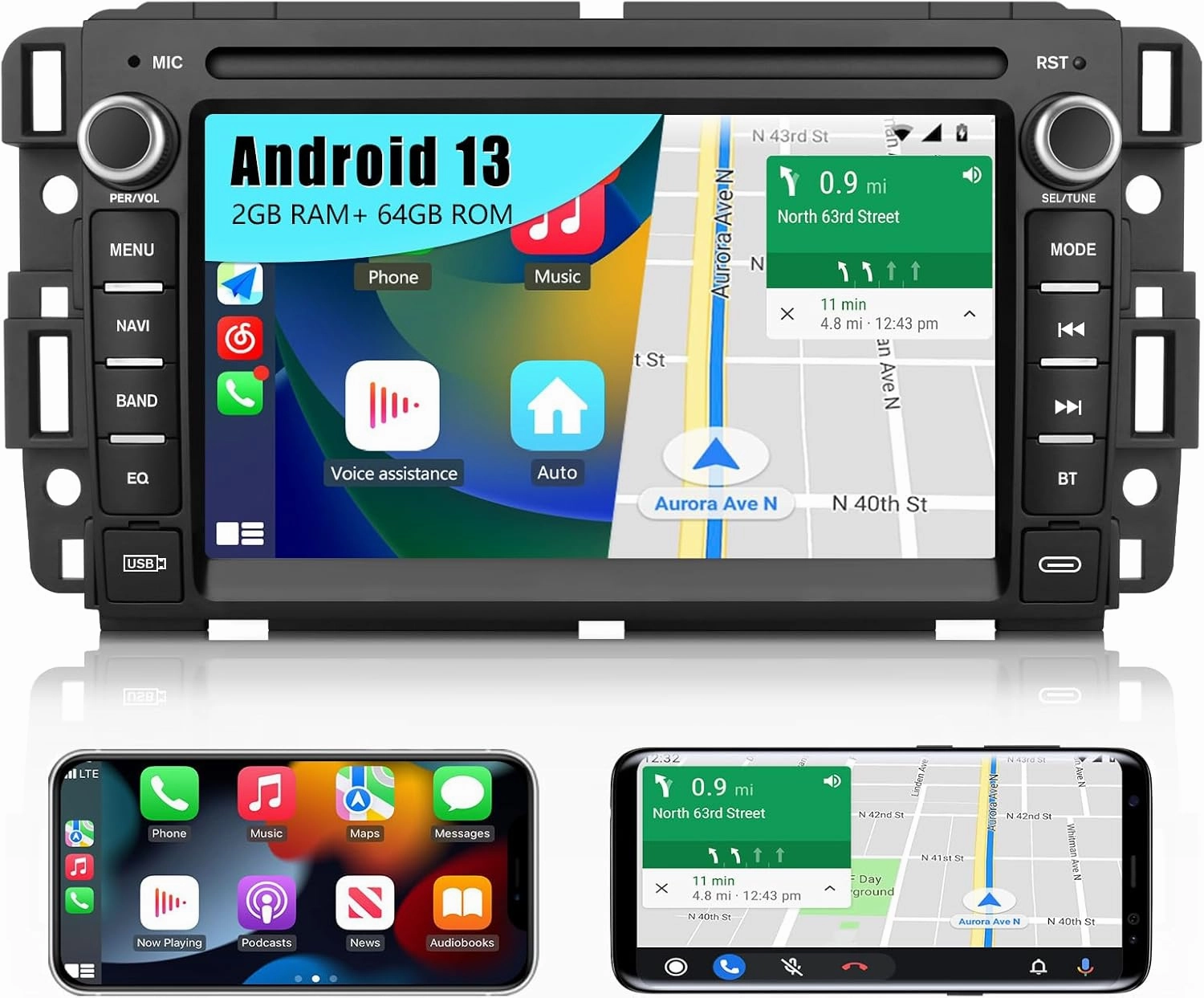【2 64GB】 Car Stereo for Chevy Silverado GMC Sierra Yukon 2007-2013, Android 13 Touch Screen Radio Replacement with GPS Navigation CarPlay Android Auto Multimedia Video Player