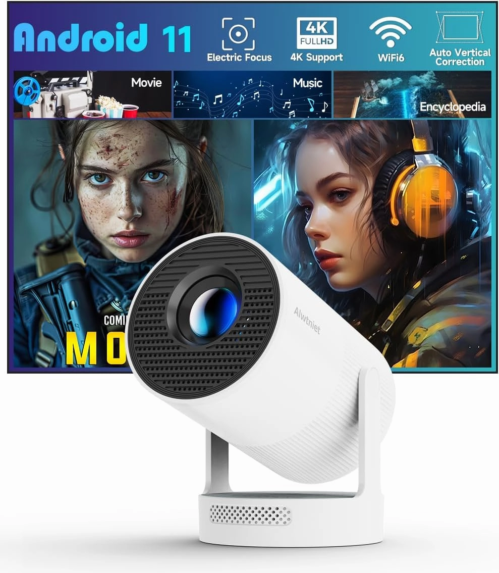 【Electric Focus】Mini Projector with WiFi 6 and Bluetooth 5.4, Smart Portable Projector 4k Support, 5W Soundbase Speaker, Auto Keystone 180° Rotation, Home Outdoor Movie Proyector HY300Ultra