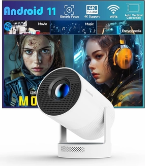 【Electric Focus】Mini Projector with WiFi 6 and Bluetooth 5.4, Smart Portable Projector 4k Support, 5W Soundbase Speaker, Auto Keystone 180° Rotation, Home Outdoor Movie Proyector HY300Ultra