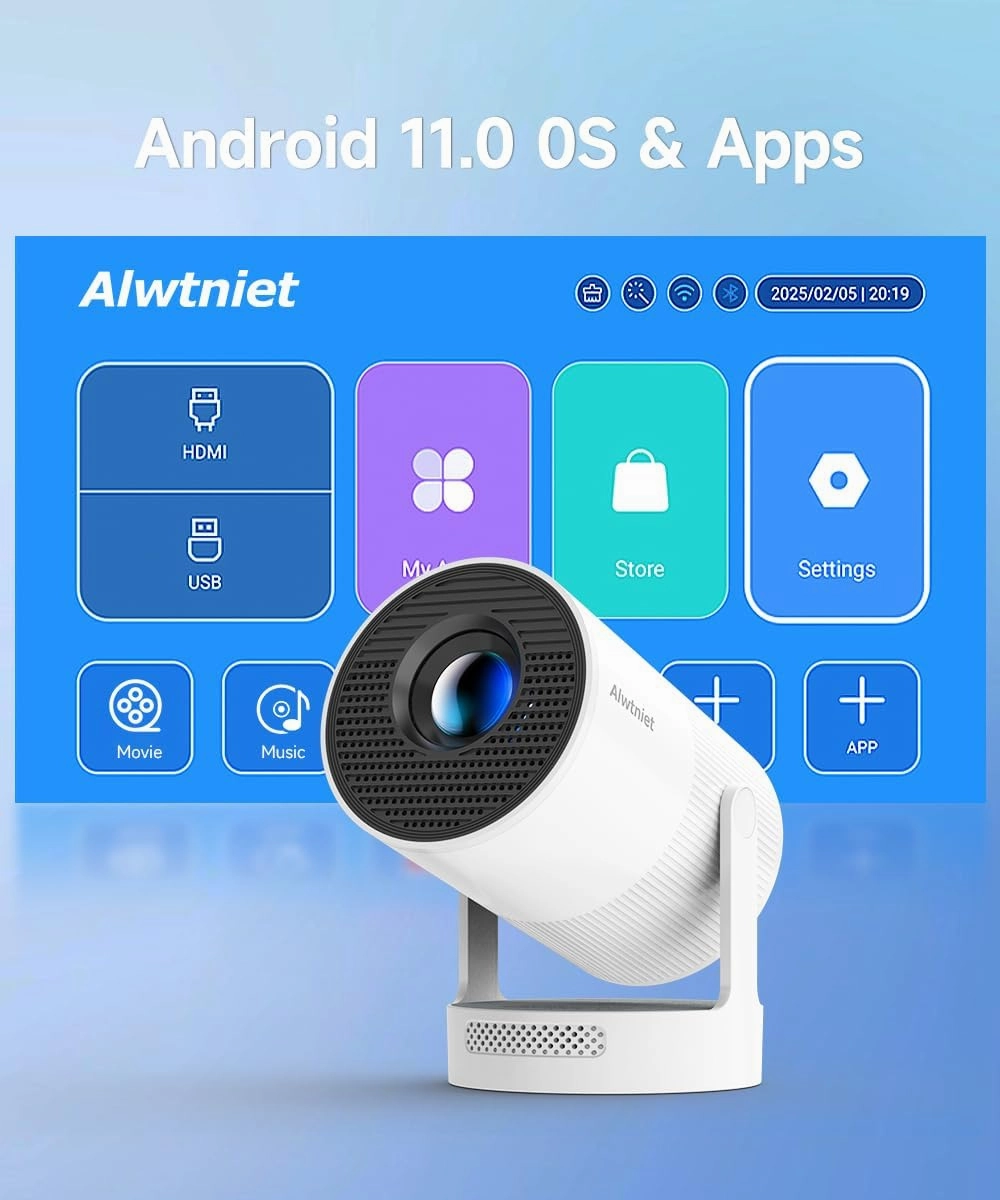 【Electric Focus】Mini Projector with WiFi 6 and Bluetooth 5.4, Smart Portable Projector 4k Support, 5W Soundbase Speaker, Auto Keystone 180° Rotation, Home Outdoor Movie Proyector HY300Ultra
