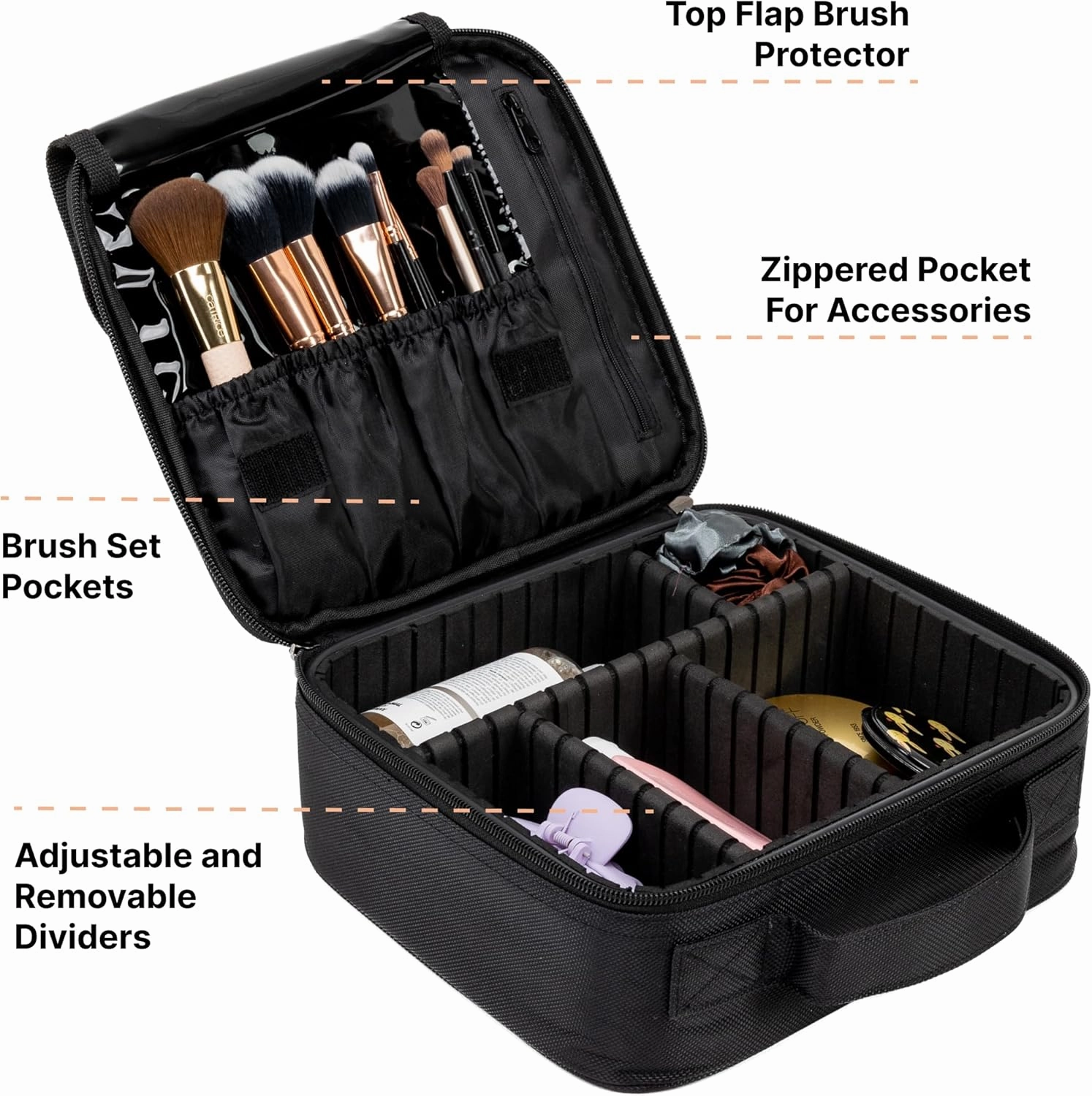 |Not Made In China| Makeup Bag Travel Case, Train Case for Cosmetics, Portable Beauty Organizer, Cosmetic Storage Bag With Adjustable Dividers For Make Up and Brushes