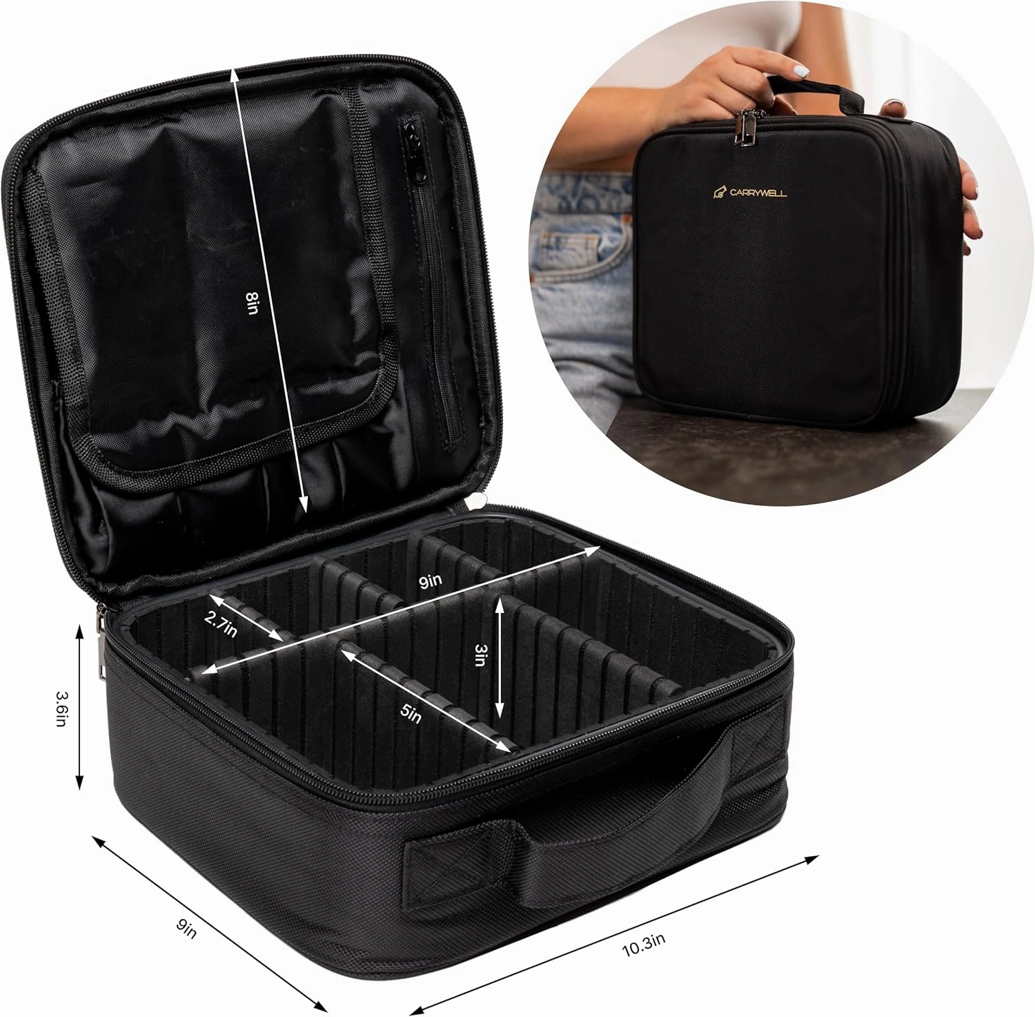 |Not Made In China| Makeup Bag Travel Case, Train Case for Cosmetics, Portable Beauty Organizer, Cosmetic Storage Bag With Adjustable Dividers For Make Up and Brushes