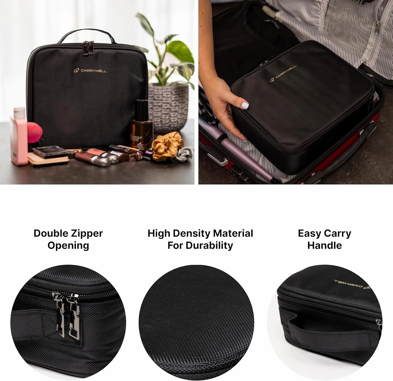 |Not Made In China| Makeup Bag Travel Case, Train Case for Cosmetics, Portable Beauty Organizer, Cosmetic Storage Bag With Adjustable Dividers For Make Up and Brushes