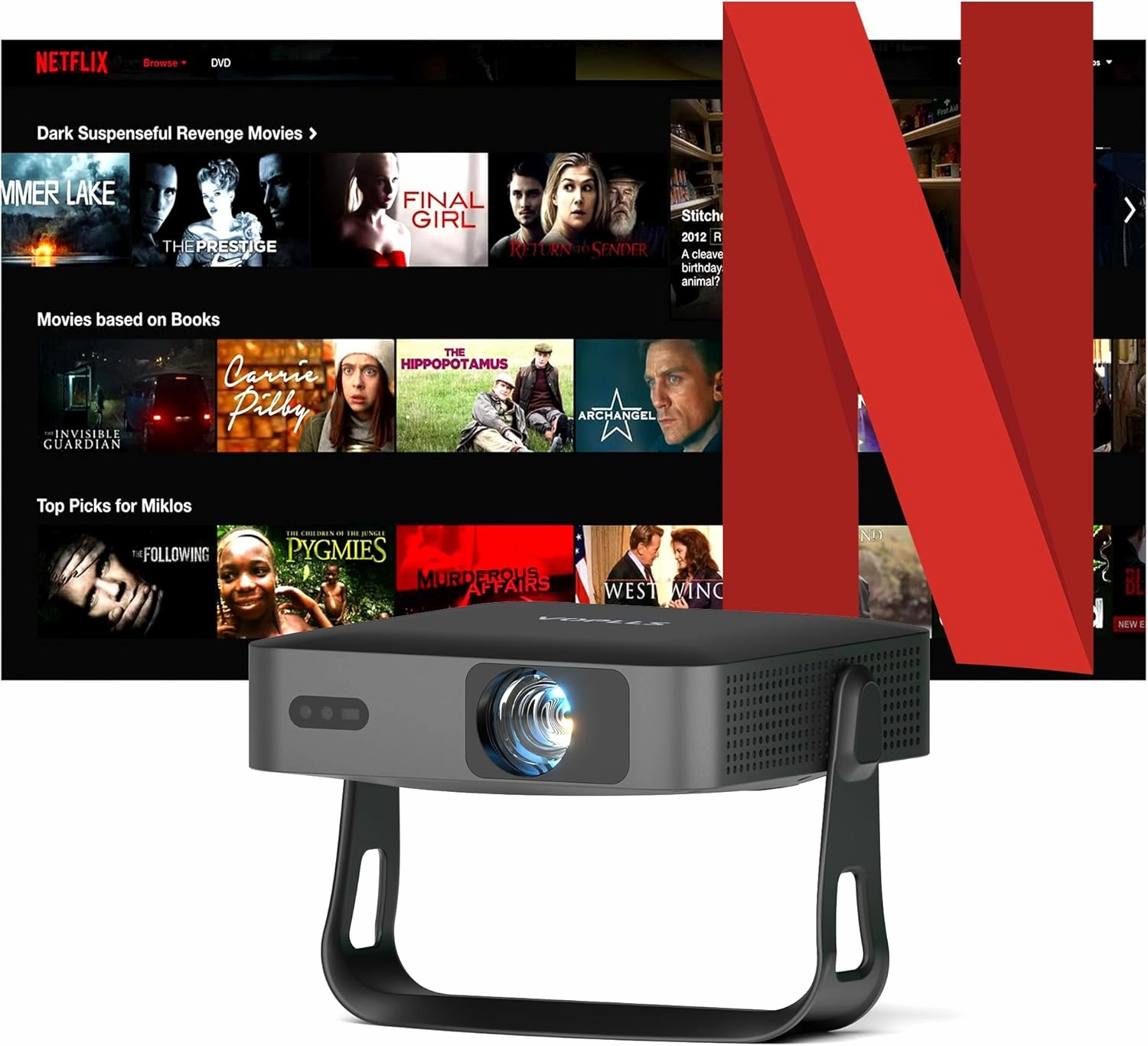 【Thinnest & Netflix-Licensed Projector】Smart Mini Projector with WiFi and Bluetooth, Auto Focus & Keystone Portable Outdoor Projector, VOPLLS Native 1080P 4K Supported Home Movie Projector(black)