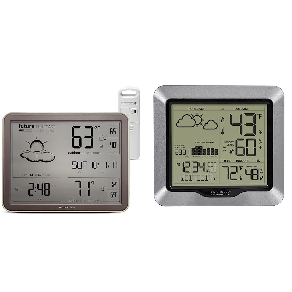 AcuRite 75077A3M Self-Learning Forecast Wireless Weather Station with Atomic Clock (Black) and La Crosse Technology 308-1417 Forecast Station (Silver)