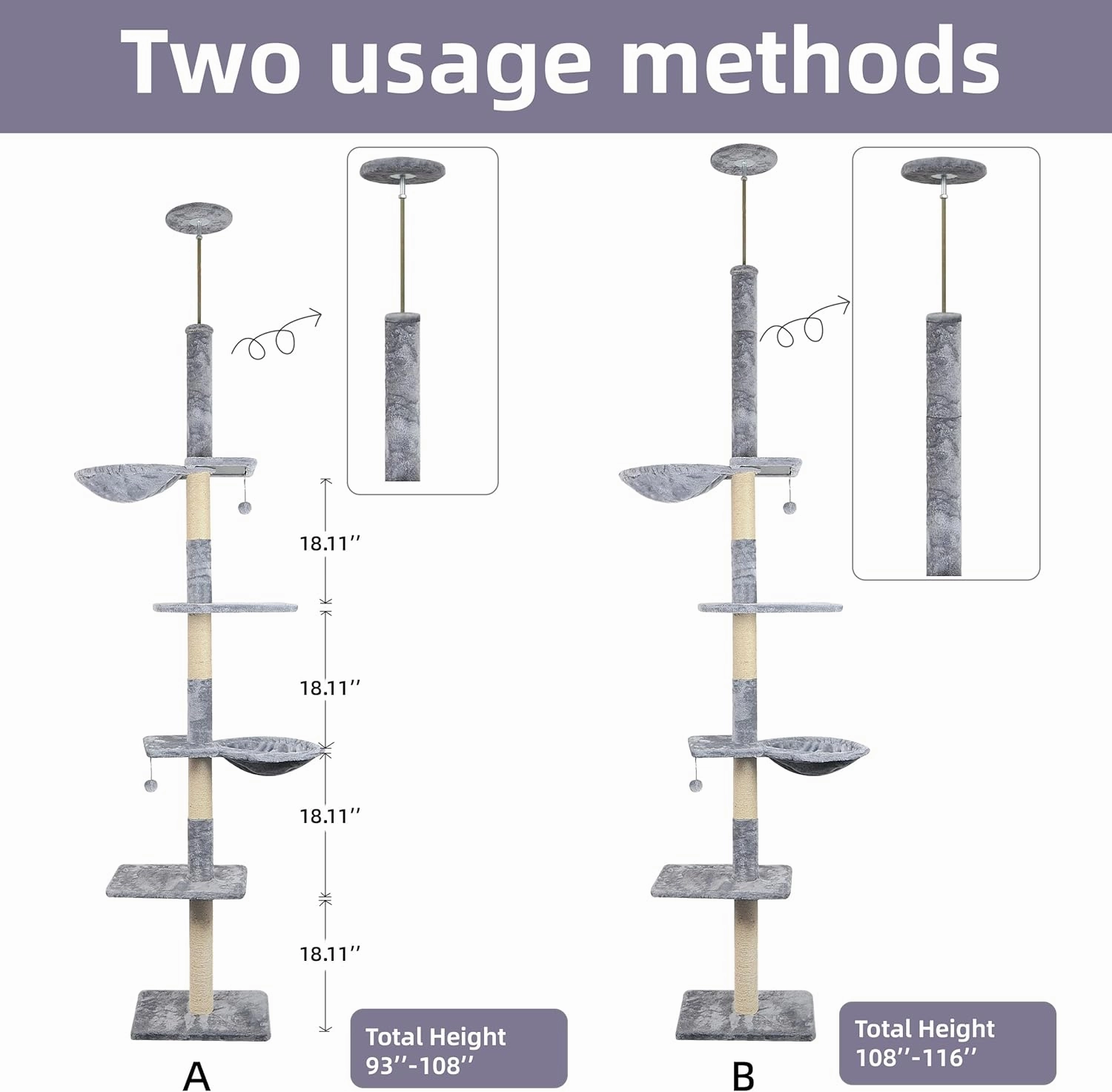 Adjustable 93"-116" Tall Cat Climbing Tree 5-Tier Kitty Activity Center Floor-to-Ceiling Climber Toy with Hanging Hammock and Scratching Posts Cat Furniture,Grey