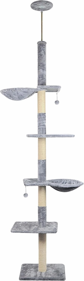 Adjustable 93"-116" Tall Cat Climbing Tree 5-Tier Kitty Activity Center Floor-to-Ceiling Climber Toy with Hanging Hammock and Scratching Posts Cat Furniture,Grey