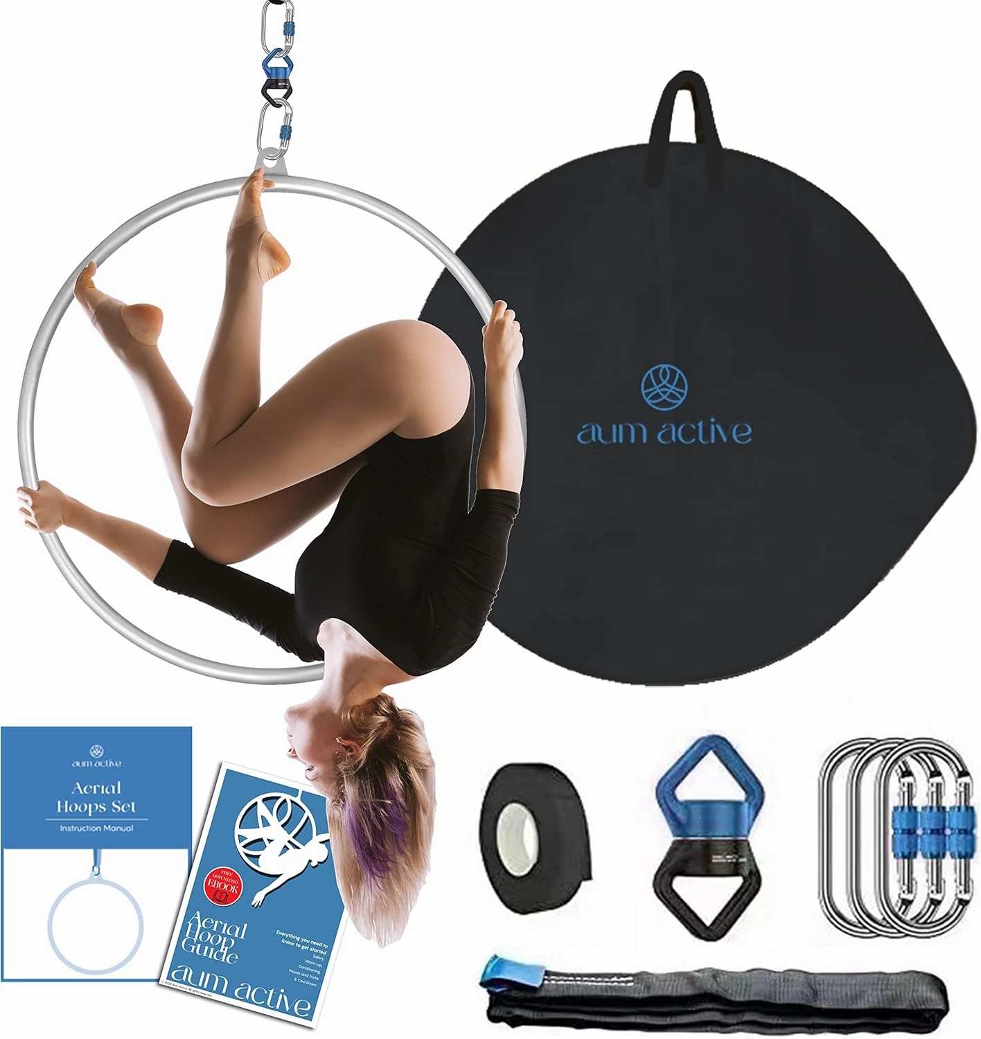 Aerial Lyra Hoop Set - 90cm/95cm Single Point Hoop, Includes Storage Bag, Carabiners, Swivel, Strop, Tape for Beginners, Home Practice, Circus Ring