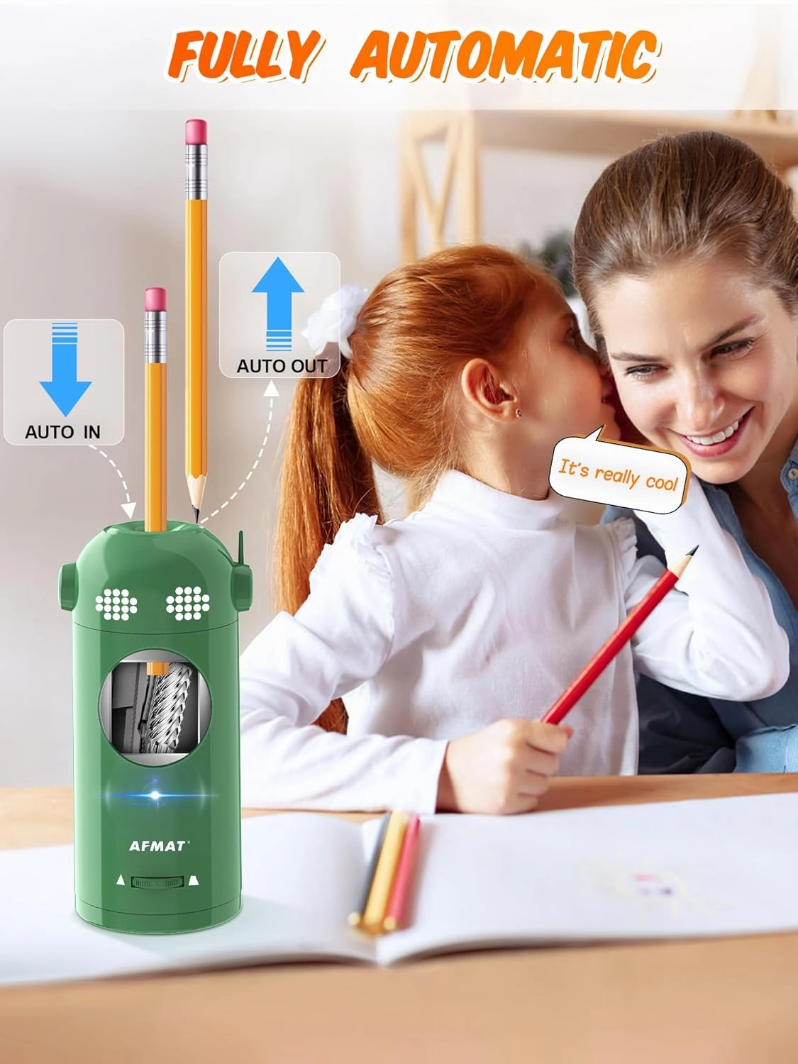 AFMAT Electric Pencil Sharpener Fully Automatic, Robot Pencil Sharpener for 7-11.5mm Pencils, Rechargeable Pencil Sharpener Hands-Free, Battery Operated Pencil Sharpener for Home, Office, Classroom