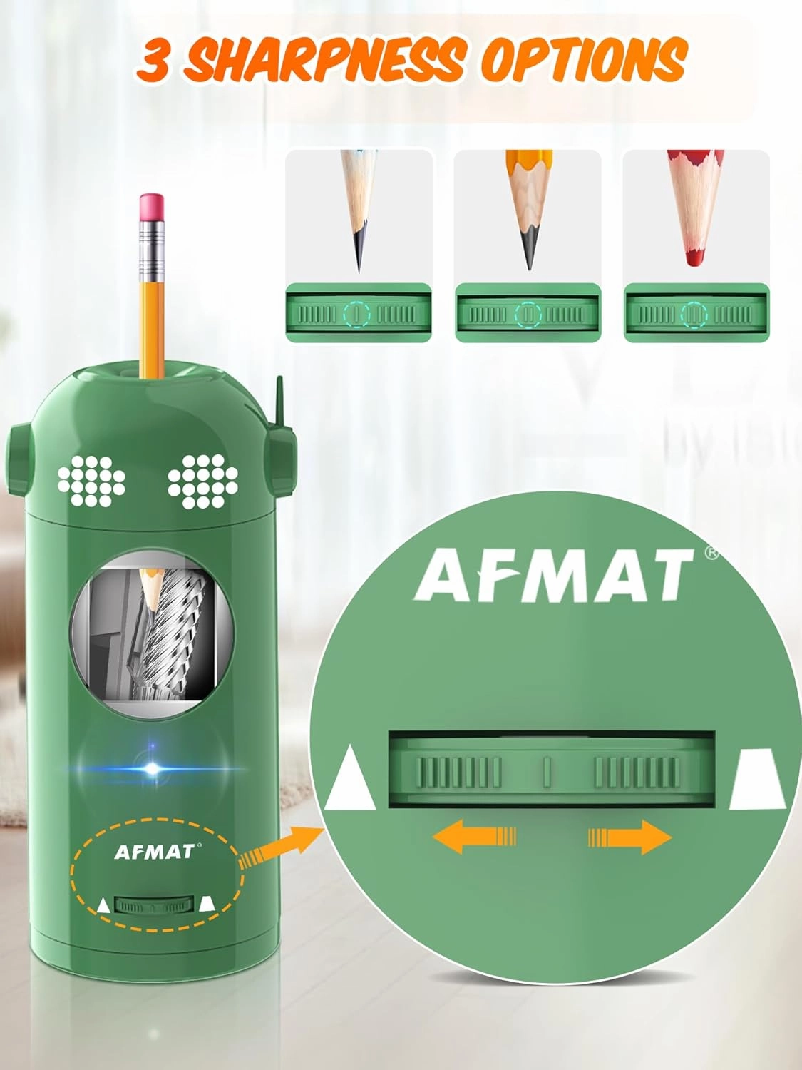 AFMAT Electric Pencil Sharpener Fully Automatic, Robot Pencil Sharpener for 7-11.5mm Pencils, Rechargeable Pencil Sharpener Hands-Free, Battery Operated Pencil Sharpener for Home, Office, Classroom