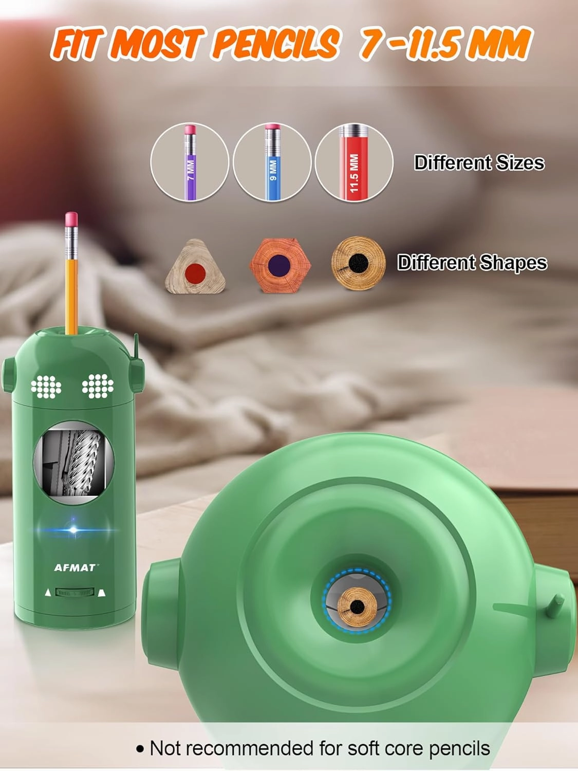 AFMAT Electric Pencil Sharpener Fully Automatic, Robot Pencil Sharpener for 7-11.5mm Pencils, Rechargeable Pencil Sharpener Hands-Free, Battery Operated Pencil Sharpener for Home, Office, Classroom