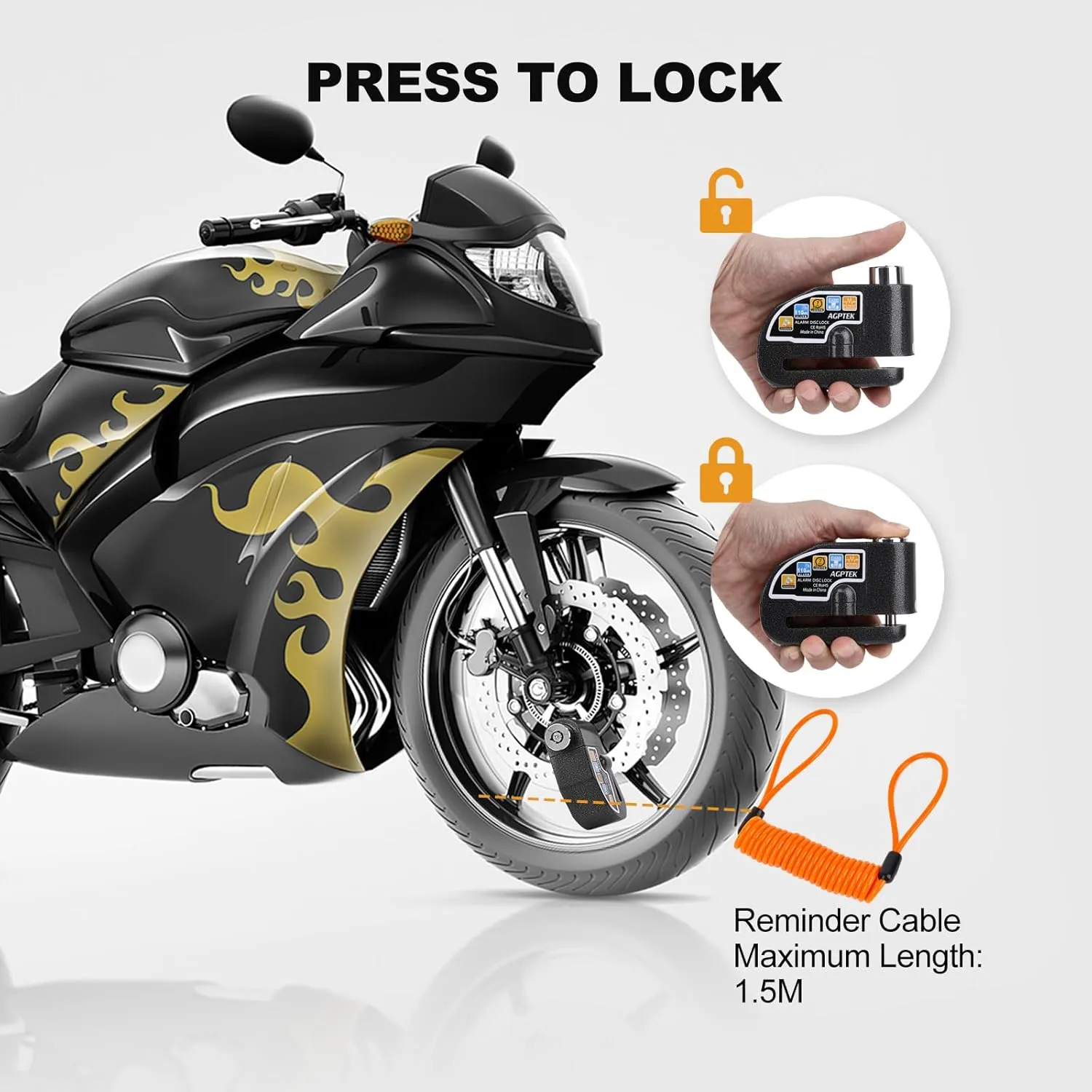 AGPTEK 110dB Motorcycle Brake Lock with 5FT Reminder Cable, Anti-Theft Padlock Waterproof with Lock Pin Carrying Bag for Motorcycle Bike Scooter, Black