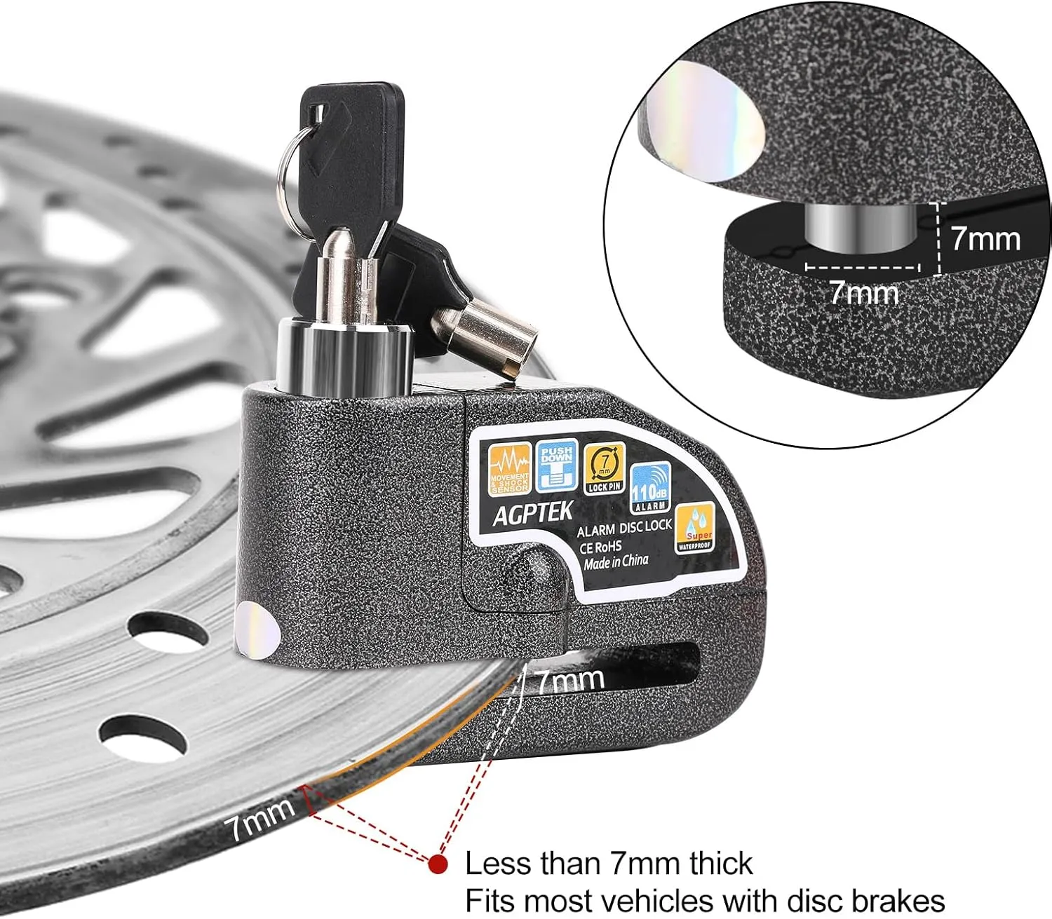 AGPTEK 110dB Motorcycle Brake Lock with 5FT Reminder Cable, Anti-Theft Padlock Waterproof with Lock Pin Carrying Bag for Motorcycle Bike Scooter, Black