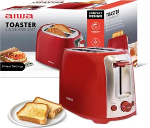 Aiwa Toaster, 2 Slice Wide Slot, Reheat and Defrost Function, 6 Browning Settings, Drop Down Crumb Tray, Red