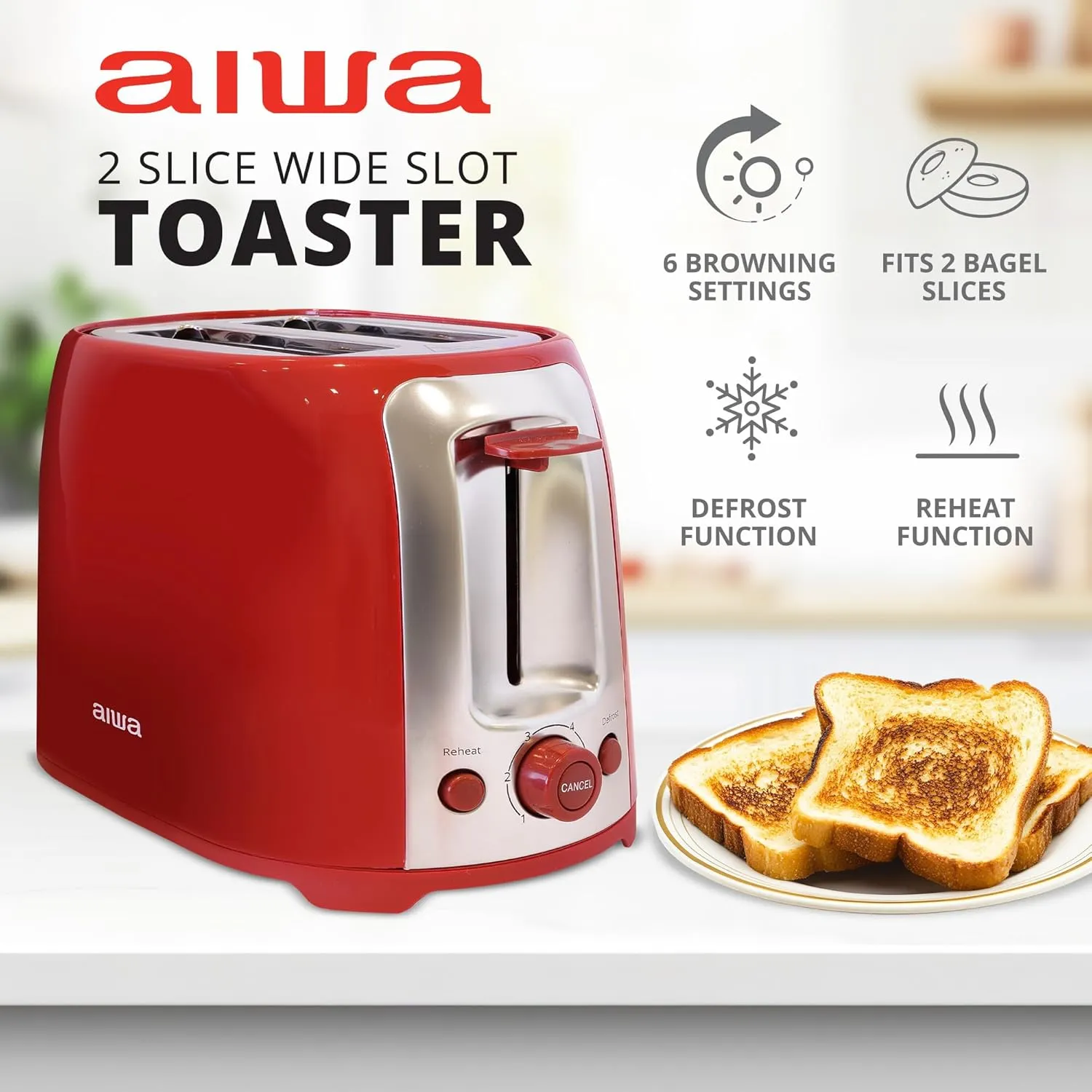 Aiwa Toaster, 2 Slice Wide Slot, Reheat and Defrost Function, 6 Browning Settings, Drop Down Crumb Tray, Red