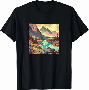 Alpine Forest Lake Vintage Landscape Colorful Graphic T-Shirt