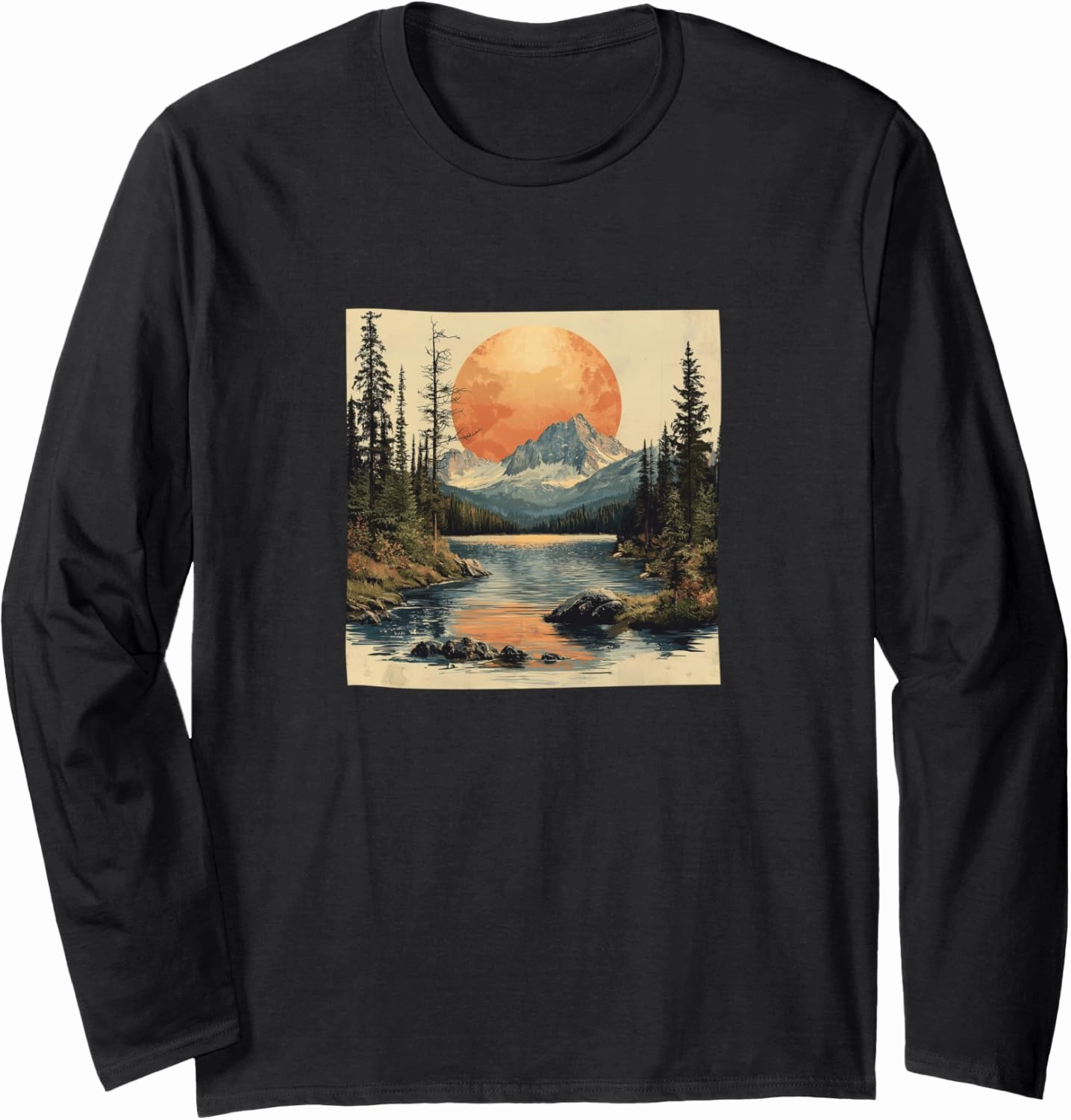 Alpine Lake Vintage Landscape Graphic Long Sleeve T-Shirt