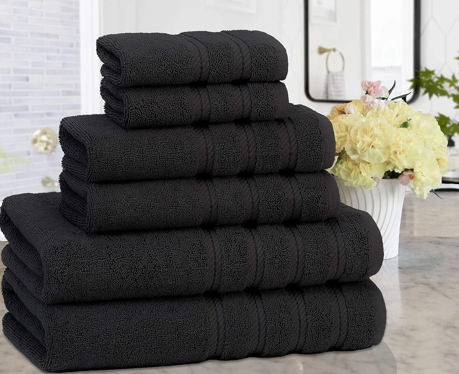 American Soft Linen 100% Carde Cotton 6 Piece Towel Set, 590 GSM Heavy Weight Soft Absorbent Turkish Towels for Bathroom, Coal Black