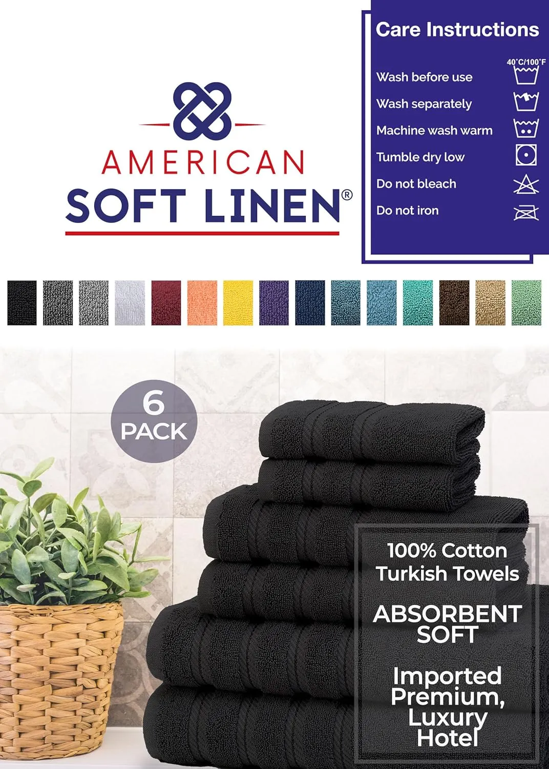 American Soft Linen 100% Carde Cotton 6 Piece Towel Set, 590 GSM Heavy Weight Soft Absorbent Turkish Towels for Bathroom, Coal Black