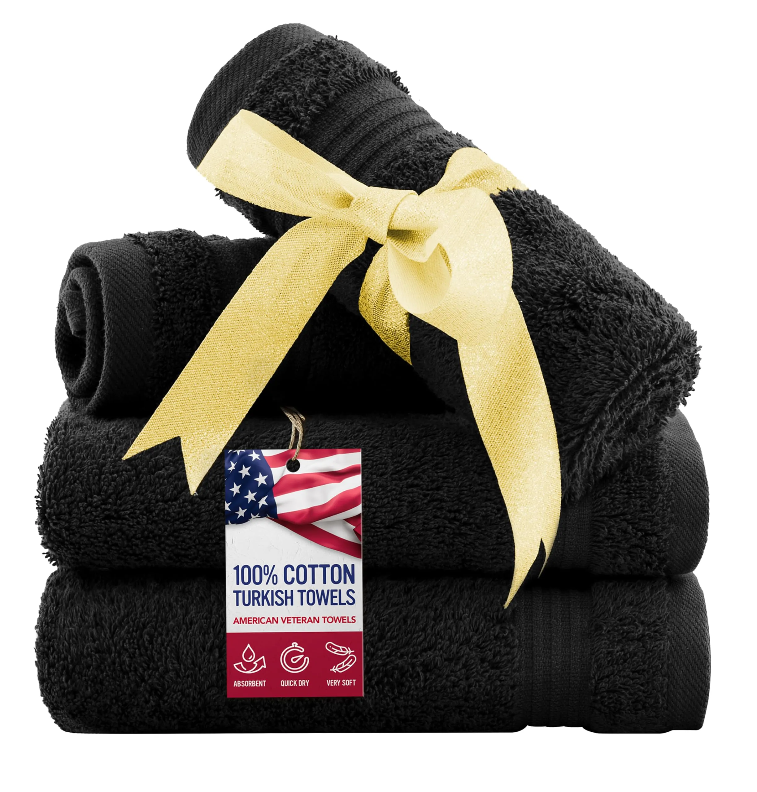 American Veteran Towel, 100% Cotton Turkish Washcloths for Bathroom Essentials 4 Pack, Soft Absorbent Wash Cloths Quick Drying Small Towels Washrags, Black