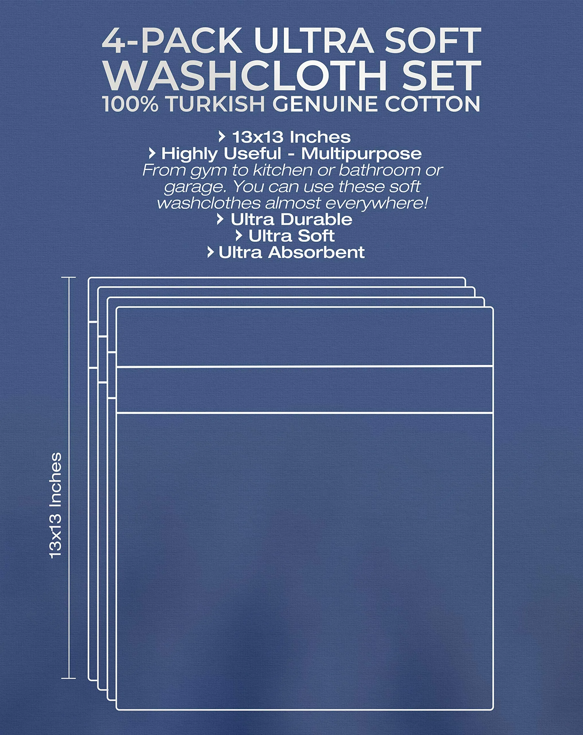 American Veteran Towel, 100% Cotton Turkish Washcloths for Bathroom Essentials 4 Pack, Soft Absorbent Wash Cloths Quick Drying Small Towels Washrags, Turquoise Blue