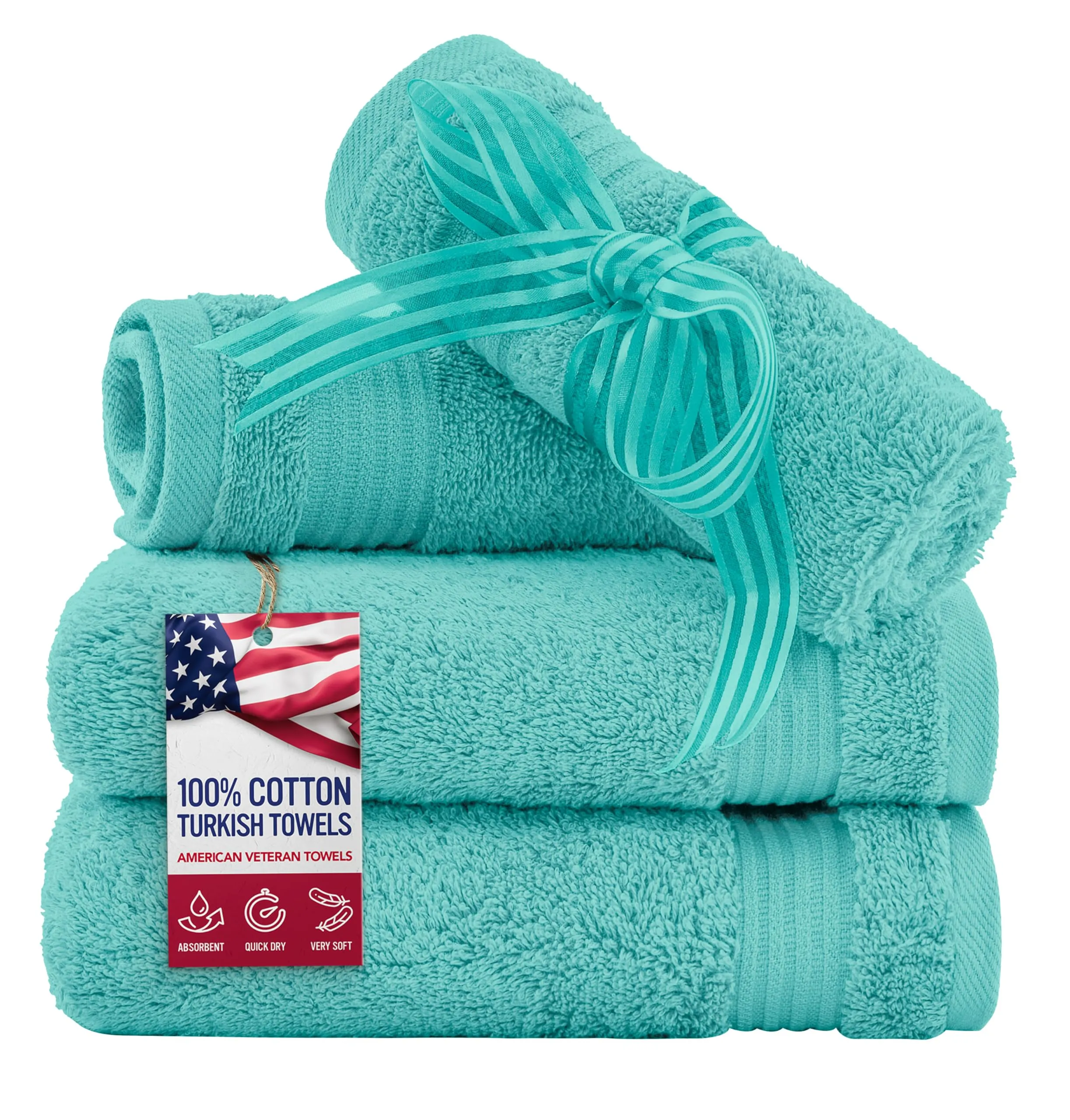 American Veteran Towel, 100% Cotton Turkish Washcloths for Bathroom Essentials 4 Pack, Soft Absorbent Wash Cloths Quick Drying Small Towels Washrags, Turquoise Blue