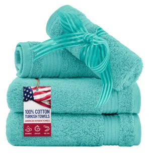 American Veteran Towel, 100% Cotton Turkish Washcloths for Bathroom Essentials 4 Pack, Soft Absorbent Wash Cloths Quick Drying Small Towels Washrags, Turquoise Blue