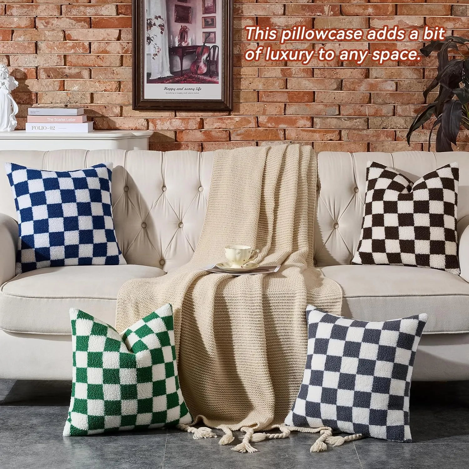 AmHoo Pack of 2 Decorative Throw Pillow Covers Checkerboard Luxury Super Soft Faux Fur Wool Set Case Cushion for Couch Sofa Bedroom 16 x 16-Inch Navy Blue