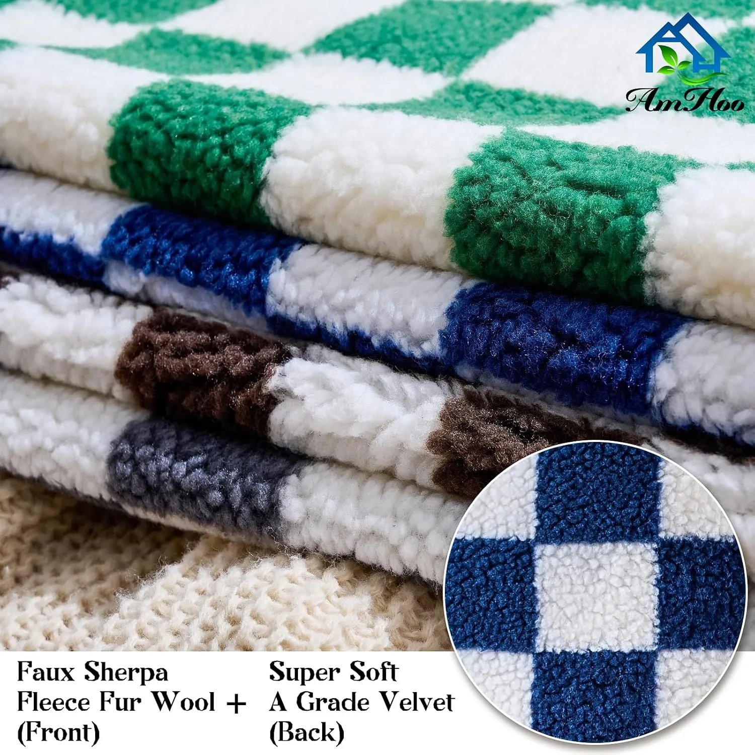 AmHoo Pack of 2 Decorative Throw Pillow Covers Checkerboard Luxury Super Soft Faux Fur Wool Set Case Cushion for Couch Sofa Bedroom 16 x 16-Inch Navy Blue