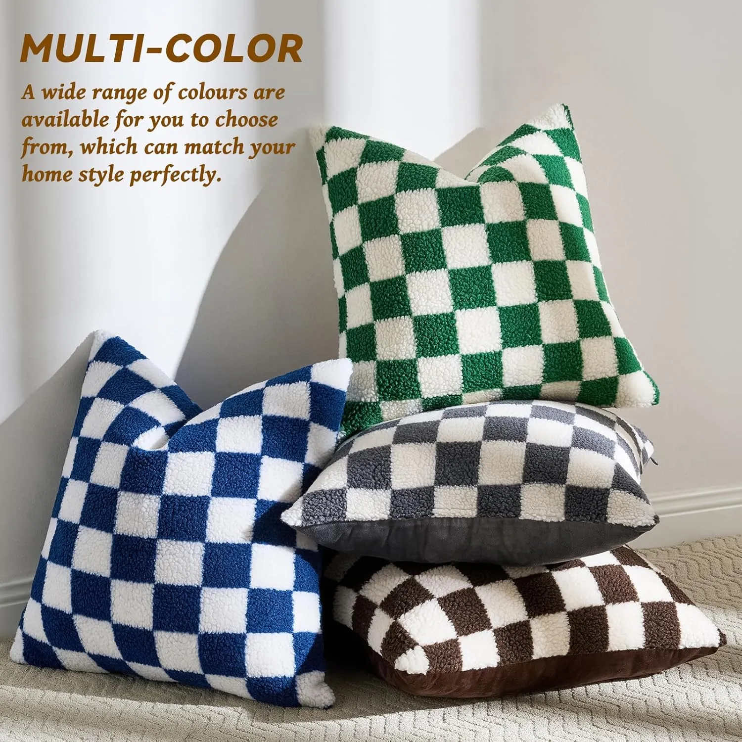 AmHoo Pack of 2 Decorative Throw Pillow Covers Checkerboard Luxury Super Soft Faux Fur Wool Set Case Cushion for Couch Sofa Bedroom 16 x 16-Inch Navy Blue