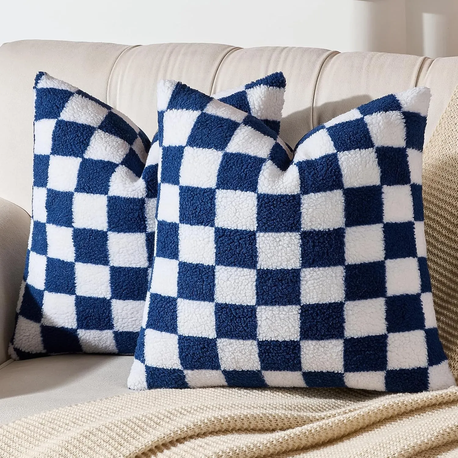 AmHoo Pack of 2 Decorative Throw Pillow Covers Checkerboard Luxury Super Soft Faux Fur Wool Set Case Cushion for Couch Sofa Bedroom 16 x 16-Inch Navy Blue