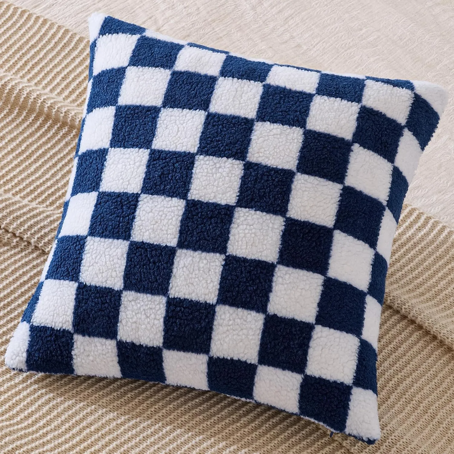 AmHoo Pack of 2 Decorative Throw Pillow Covers Checkerboard Luxury Super Soft Faux Fur Wool Set Case Cushion for Couch Sofa Bedroom 16 x 16-Inch Navy Blue