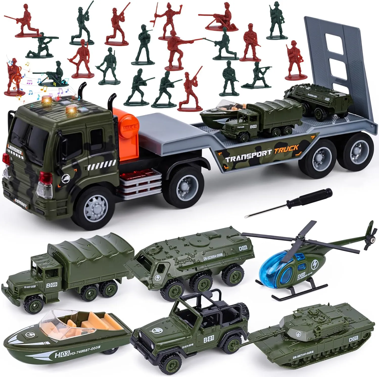AMOR PRESENT 38PCS Military Big Truck Toy Set, Carrier Truck with Lights and Sounds and Die-cast Military Toy Cars Tank Helicopter Toy Soldiers for Kids Birthday Present
