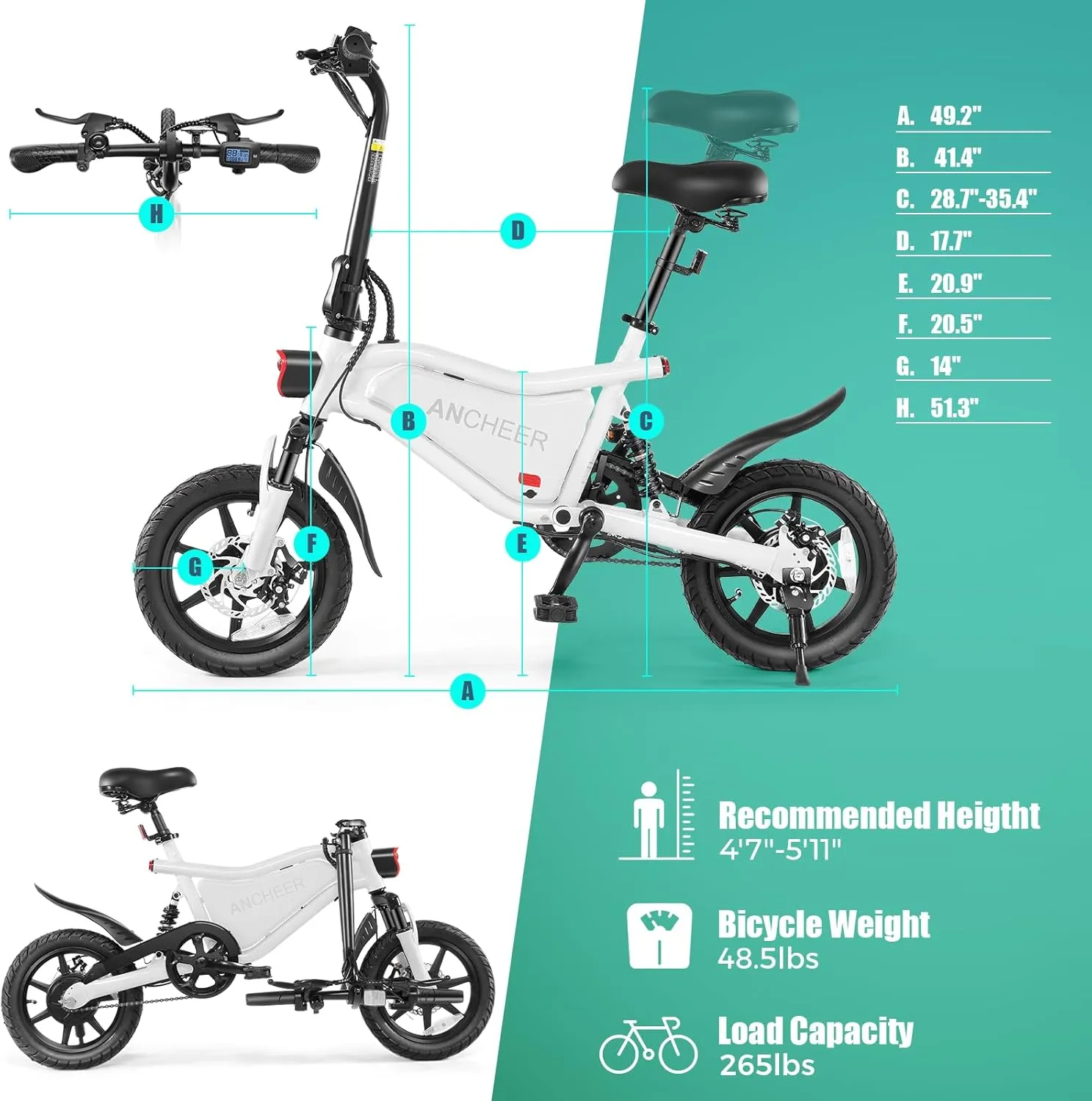 ANCHEER Folding Electric Bike for Adults, 374Wh Ebike, 20MPH Electric Bikes, 14" Foldable Electric Bicycle, 20-50 Miles Electric Bikes, E Bike, LCD Display, Dual Suspension, UL 2849 Certified