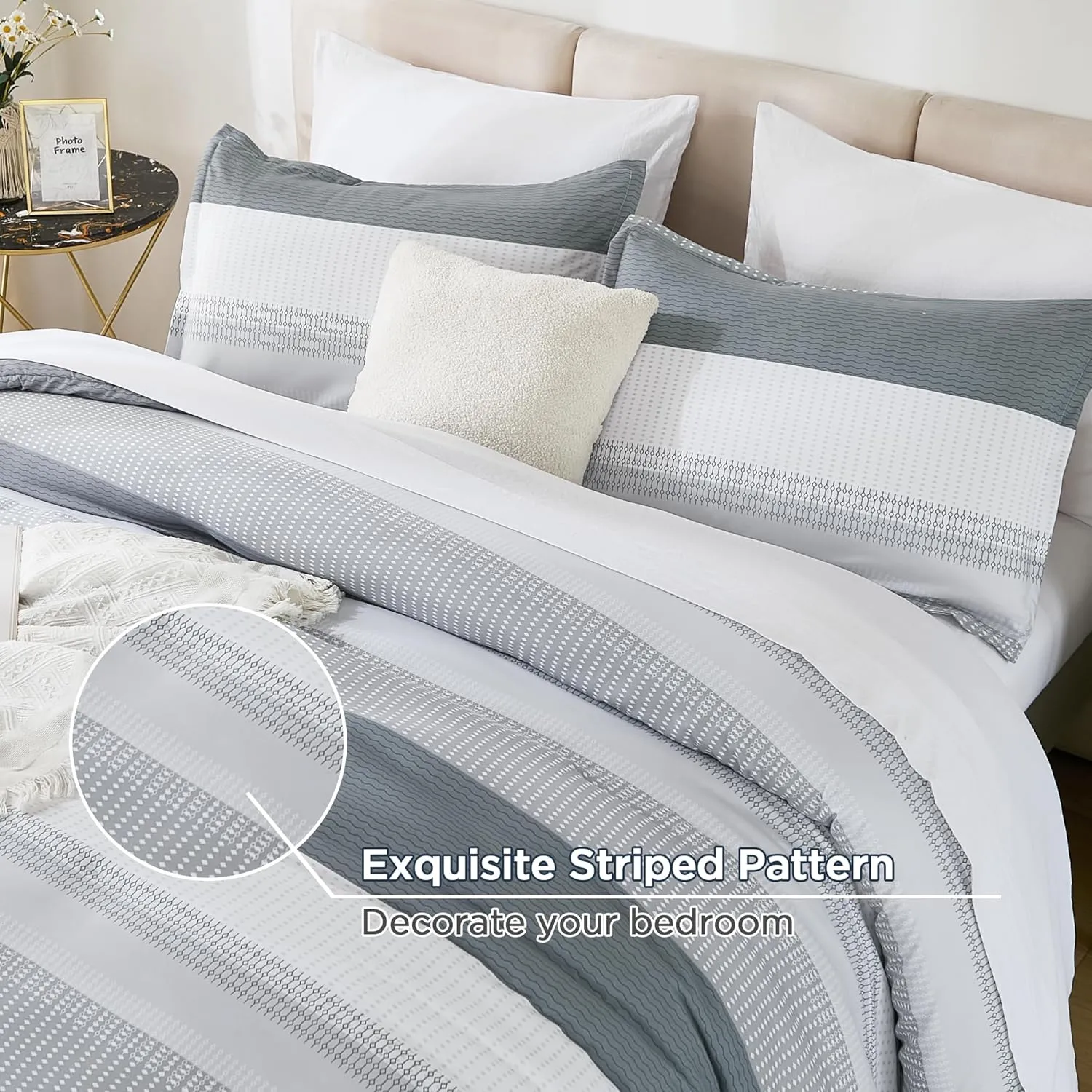 Andency King Size Comforter Set 7 Pieces - Light Grey Striped Lightweight Bed in a Bag, Soft Microfiber Farmhouse All Season Bedding Set with Comforter, Fitted & Flat Sheet, Pillowcases & Shams