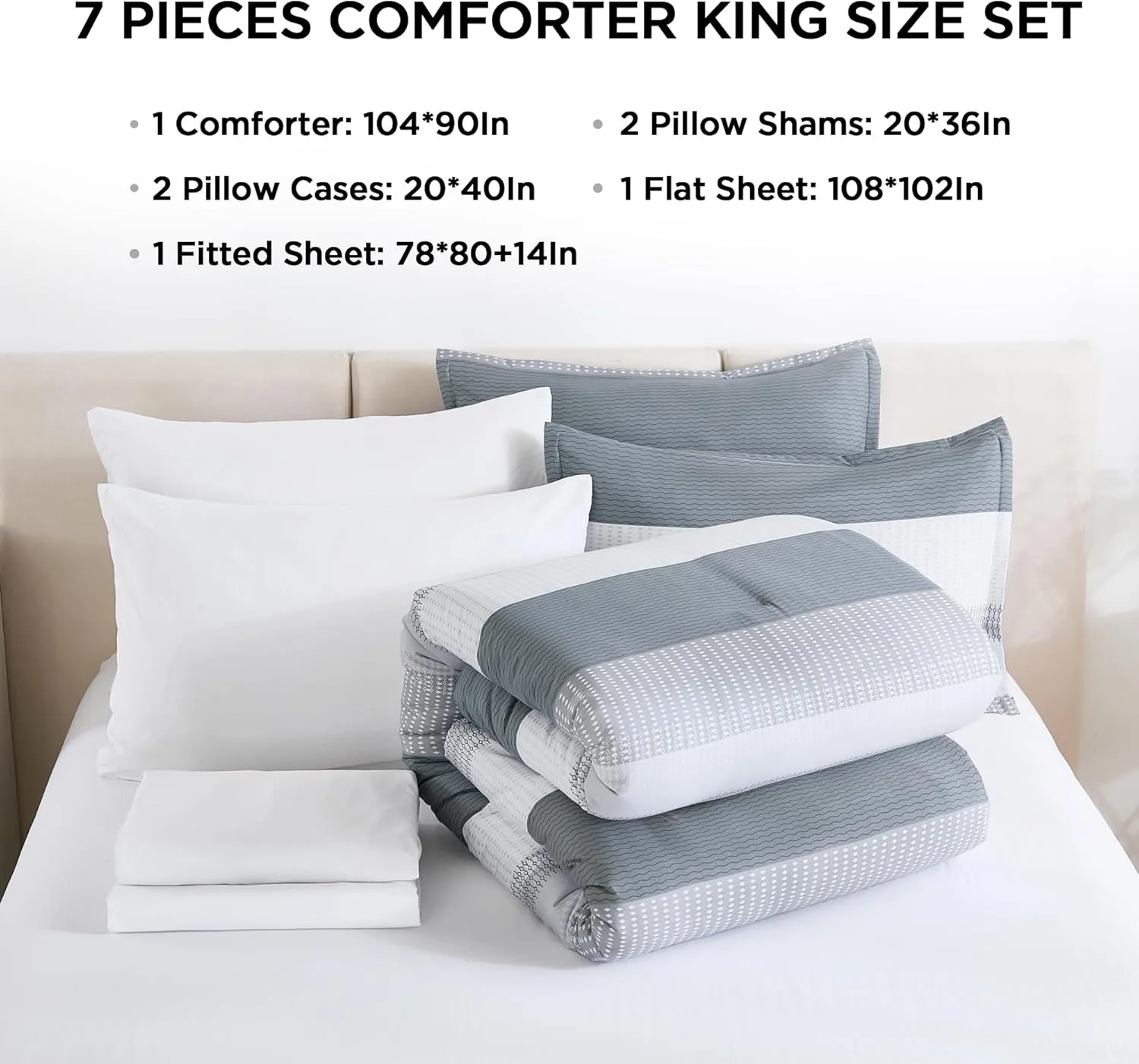Andency King Size Comforter Set 7 Pieces - Light Grey Striped Lightweight Bed in a Bag, Soft Microfiber Farmhouse All Season Bedding Set with Comforter, Fitted & Flat Sheet, Pillowcases & Shams
