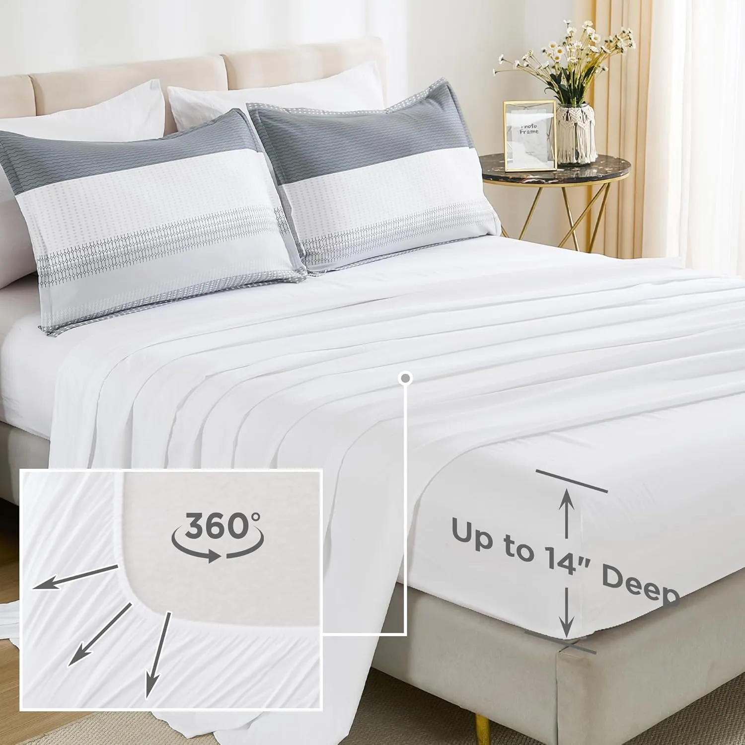 Andency King Size Comforter Set 7 Pieces - Light Grey Striped Lightweight Bed in a Bag, Soft Microfiber Farmhouse All Season Bedding Set with Comforter, Fitted & Flat Sheet, Pillowcases & Shams