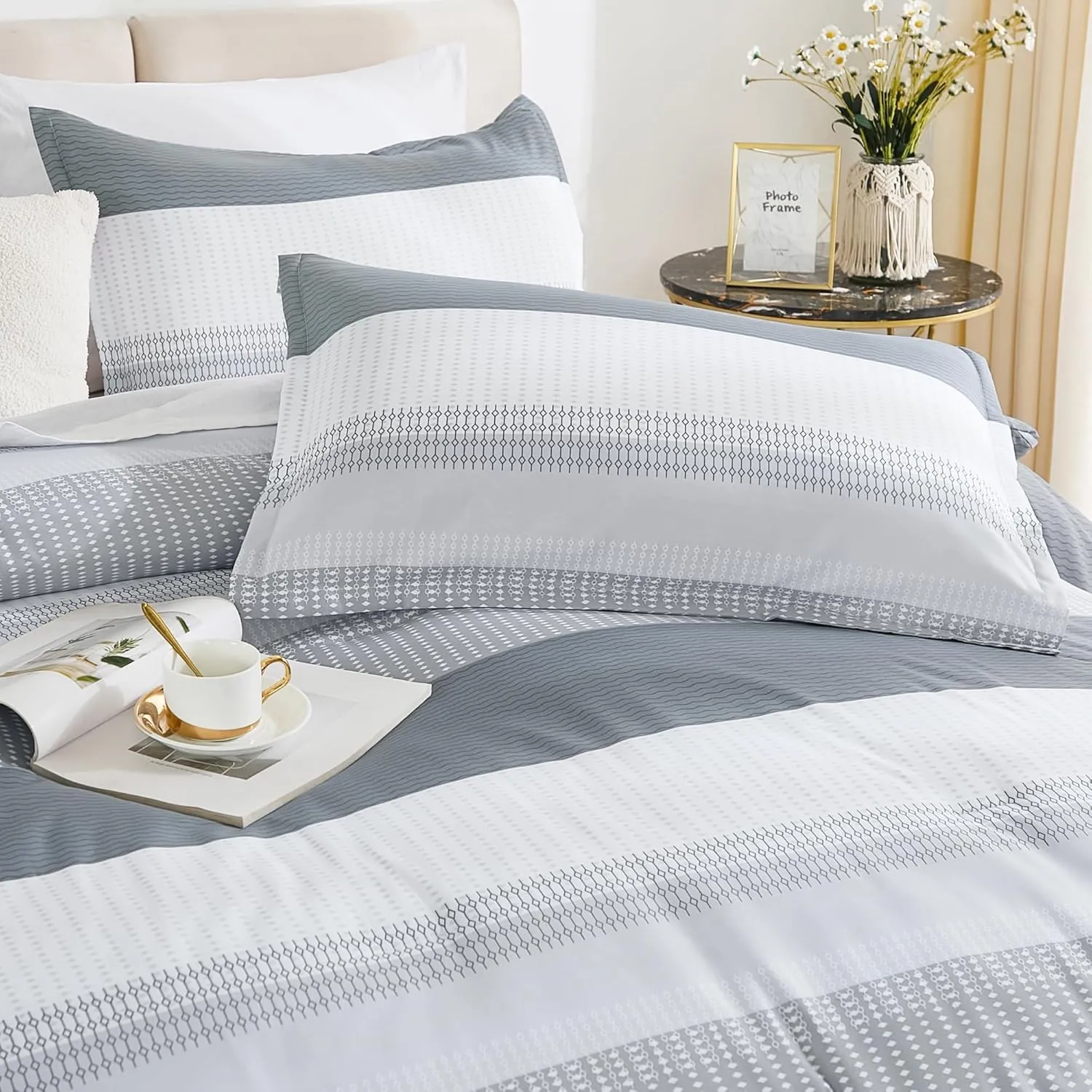 Andency King Size Comforter Set 7 Pieces - Light Grey Striped Lightweight Bed in a Bag, Soft Microfiber Farmhouse All Season Bedding Set with Comforter, Fitted & Flat Sheet, Pillowcases & Shams