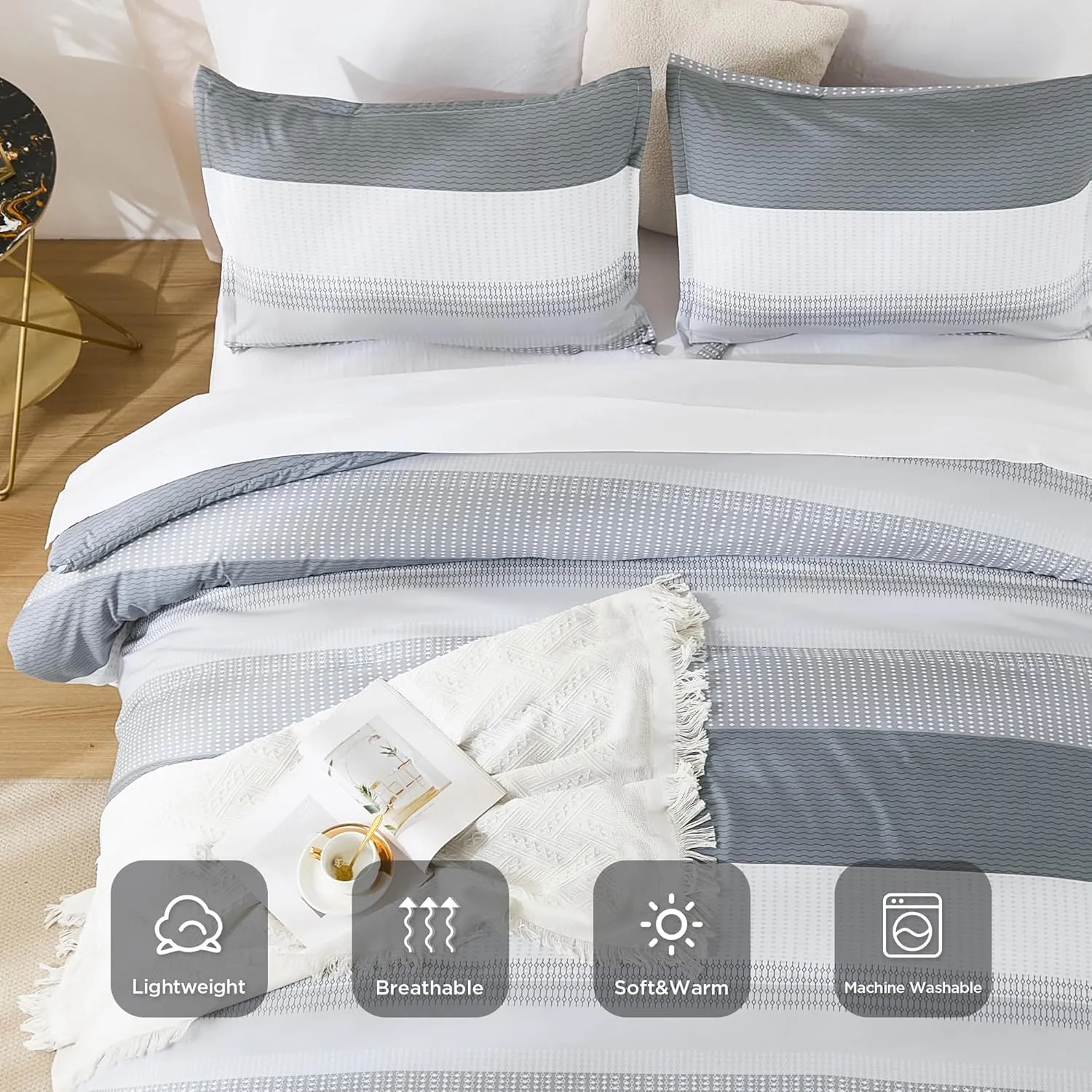 Andency King Size Comforter Set 7 Pieces - Light Grey Striped Lightweight Bed in a Bag, Soft Microfiber Farmhouse All Season Bedding Set with Comforter, Fitted & Flat Sheet, Pillowcases & Shams