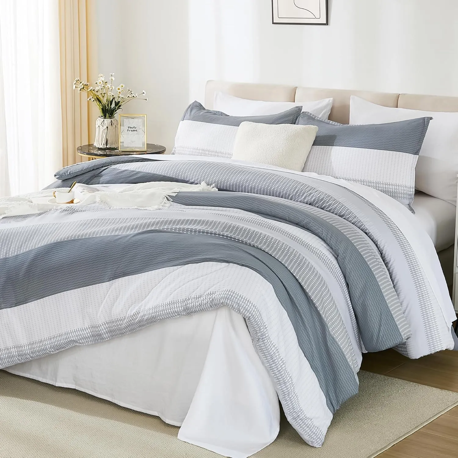 Andency King Size Comforter Set 7 Pieces - Light Grey Striped Lightweight Bed in a Bag, Soft Microfiber Farmhouse All Season Bedding Set with Comforter, Fitted & Flat Sheet, Pillowcases & Shams