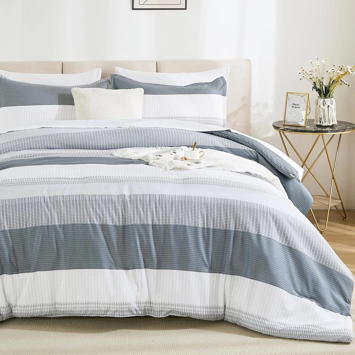 Andency King Size Comforter Set 7 Pieces - Light Grey Striped Lightweight Bed in a Bag, Soft Microfiber Farmhouse All Season Bedding Set with Comforter, Fitted & Flat Sheet, Pillowcases & Shams