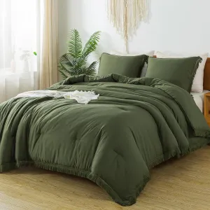 Andency Olive Green Comforter Set Full Size, 3 Pieces Boho Tassel Lightweight Bedding Comforter Sets, All Season Soft Fluffy Fringe Bed Set (79x90In Comforter & 2 Pillowcases)