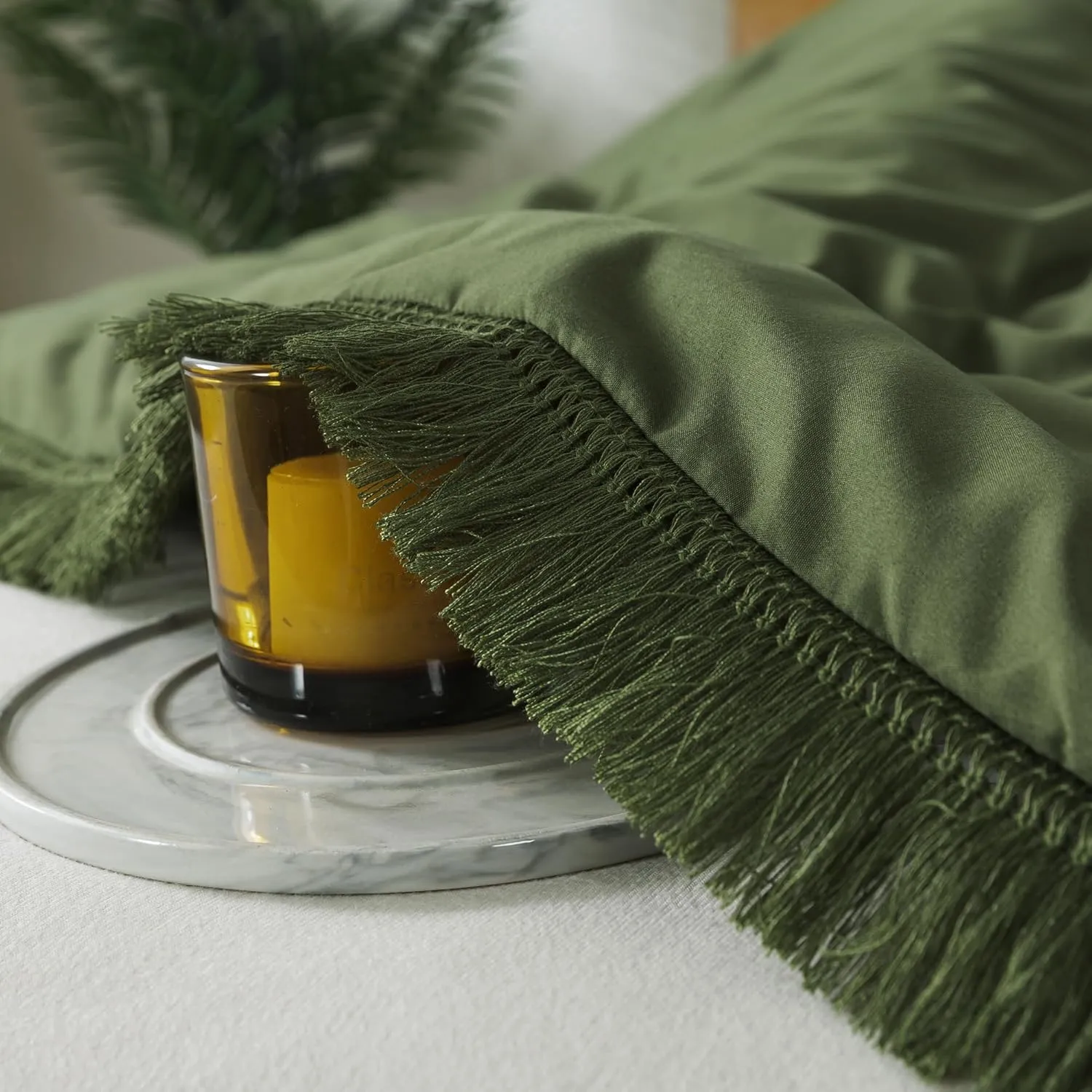 Andency Olive Green Comforter Set Full Size, 3 Pieces Boho Tassel Lightweight Bedding Comforter Sets, All Season Soft Fluffy Fringe Bed Set (79x90In Comforter & 2 Pillowcases)